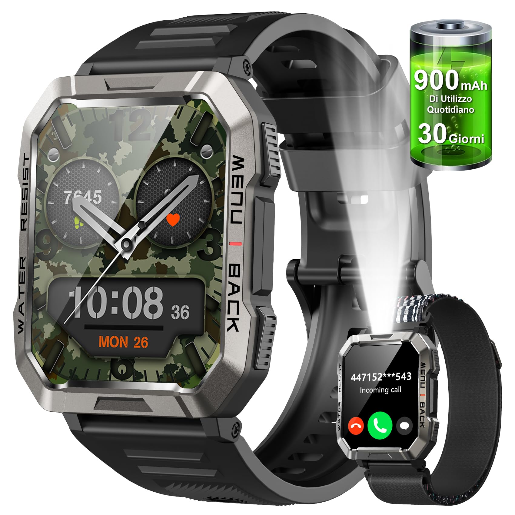 Reloj Inteligente Hombre, W60 Smartwatch Hombre con Linterna y Brújula, Smartwatch con Llamadas Bluetooth, Batería Grande de 900 mAh, 100+ Modos Deportivos, Pulsera Actividad Impermeable IP68
