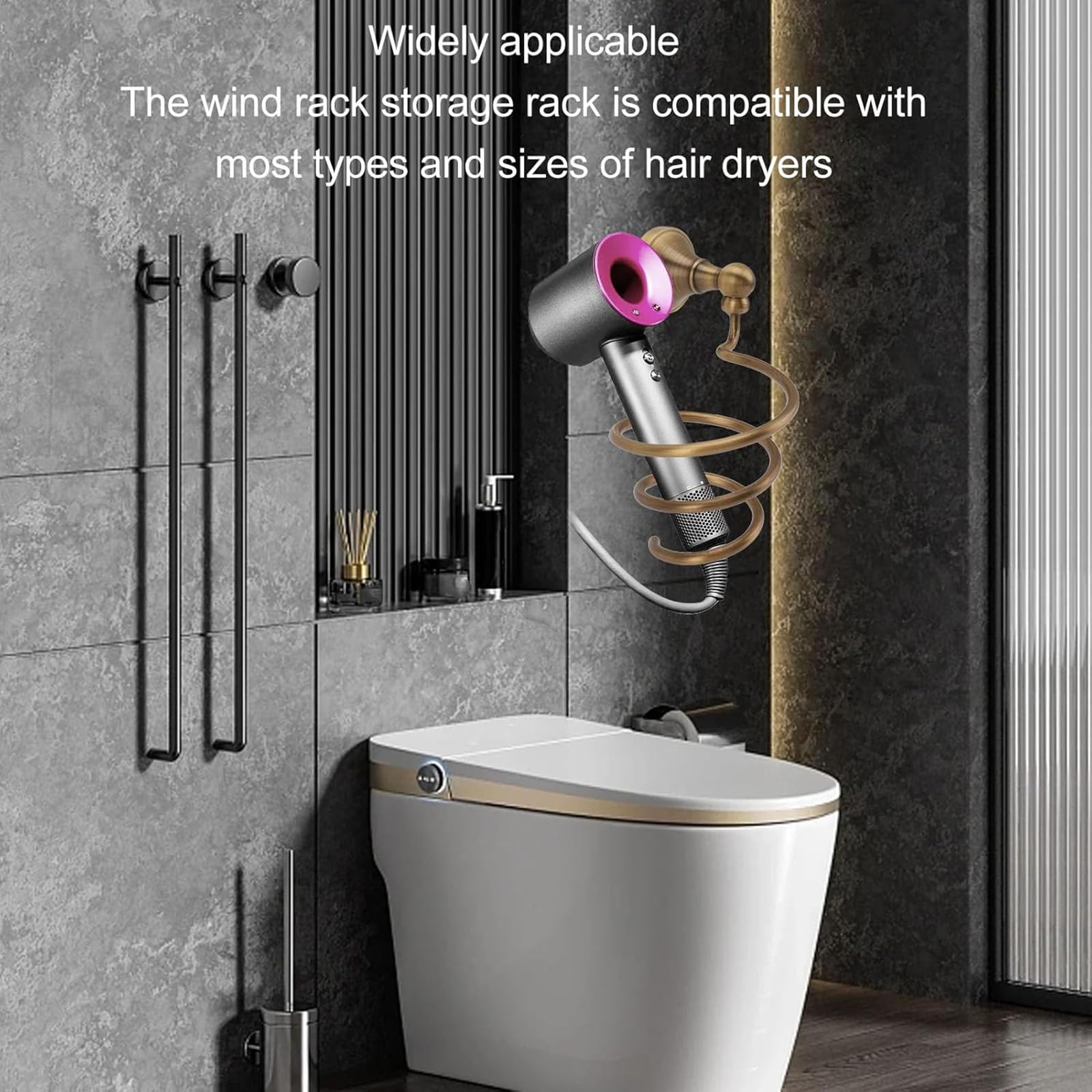 Soporte para secador de pelo en espiral montado en la pared para baño y salón de belleza, organizador de secador de pelo de cobre con acabado de latón