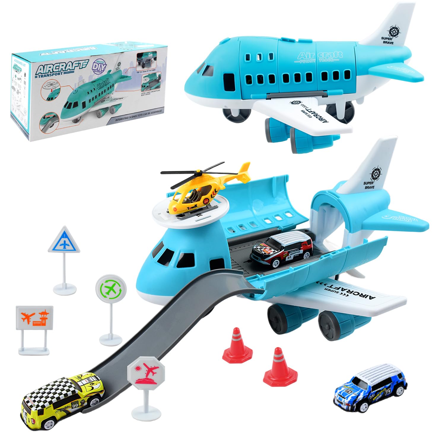 Transport Airplane Cargo Plane Car Kids Toys Set with 3pcs Small City Cars, 1pcs Helicopter Toy and 6pcs DIY Traffic Signs Gift Toys for Boys Girls 3+ Years Old