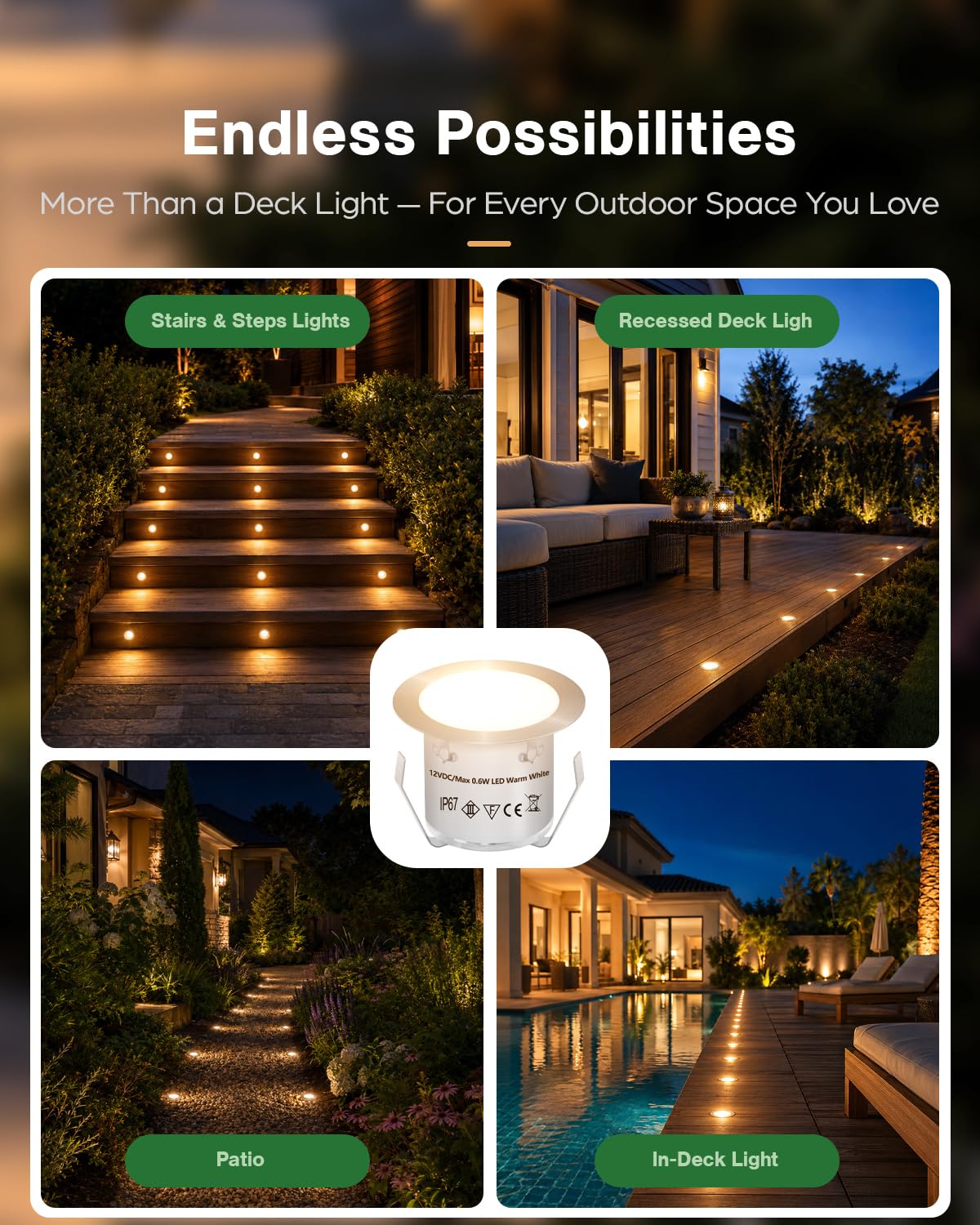 HIBOITEC 10er Set Dimmbar Terrassen Einbaustrahler, IP67 Wasserdicht Bodeneinbaustrahler Aussen, Timer ＆ Photozellensensor, 0,6W Warmweiß Led Terrassenbeleuchtung Außen mit Niedervolt Transformator