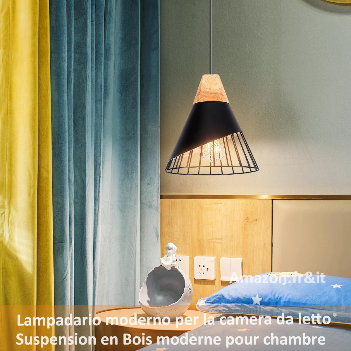 Lampa wisząca Nowoczesny przemysłowy drewniany żyrandol abażur Vintage Metal Kształt Klatka Ø25cm Lampa sufitowa E27 Projekt do kuchni, sypialni salonu (czarny -2 szt.)