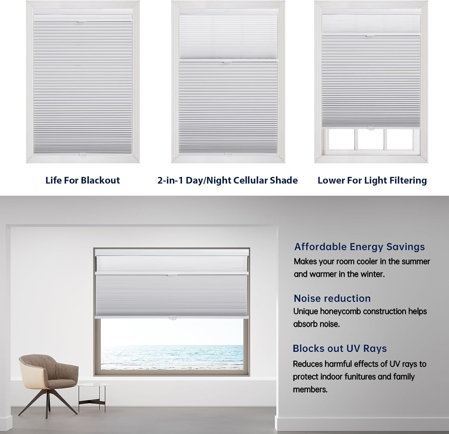 Cellular Blinds for Windows Cordless Shades, Custom Top Down Bottom Up Cordless Blinds, Blackout Rome Darkening Blinds for Home and Office (White, Blackout)