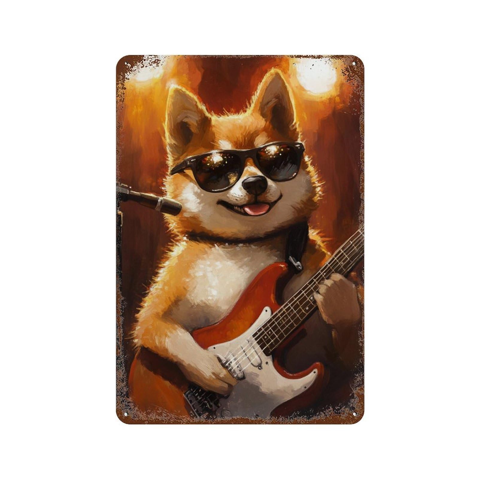 Decorative Tin Sign with Shiba Inu Rock Star Guitarist -1 Design 11.8"x7.9", for Basement, Hobby Room And Garage Decor, Farmhouse Wall Decor