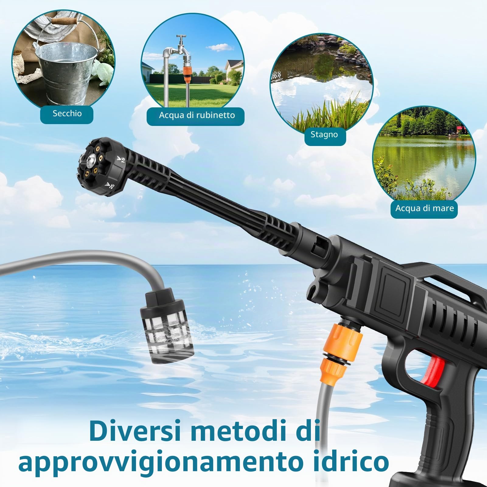 Idropulitrice a Batteria 100Bar, Idropulitrice Portatile senza Fili con 2 Batterie 21V e 6-in-1 Ugello, Lancia Alta Pressione per Auto, Giardino, Pulizia Pavimenti Esterni - 5m Tubo, 10m Gittata