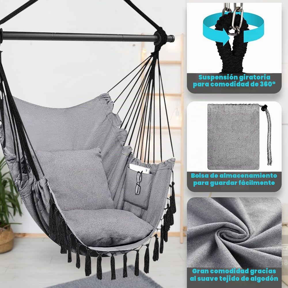 Silla Colgante con 2 Cojines y Bolsa - Silla Hamaca Colgante de Carga 330lbs para 2 Personas Adultos y niños, Mecedora, Hamacas Jardin Portátil para Interior y Exterior, Balcón (Gris Claro)