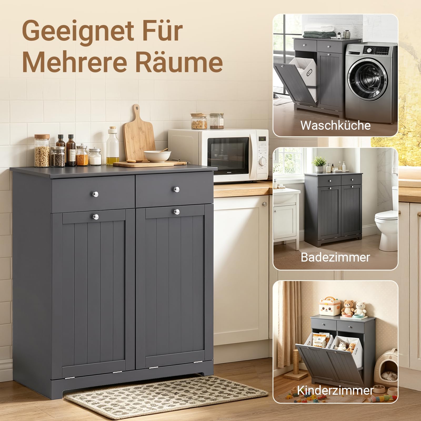SoBuy Mülleimer Schrank mit 2 Fächern à 45L Mülltrennsystem Grau für Küche | Küchenschrank aus E1 MDF für Mülltrennung mit 2 Schubladen, Müllschrank BZR33-II-DG