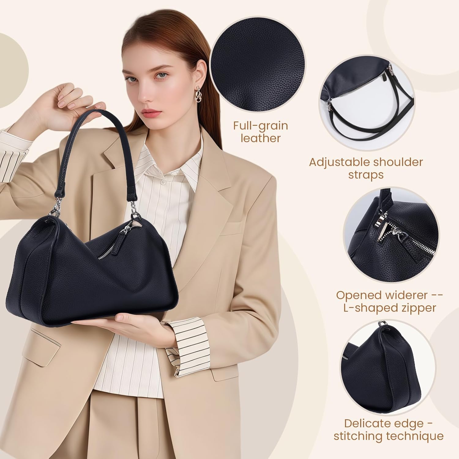 Genuine Leather Purses for Women, Real Leather Women's Shoulder bag Handbag Crossbody Bag Hoho bag with Adjustable Strap - Image 4