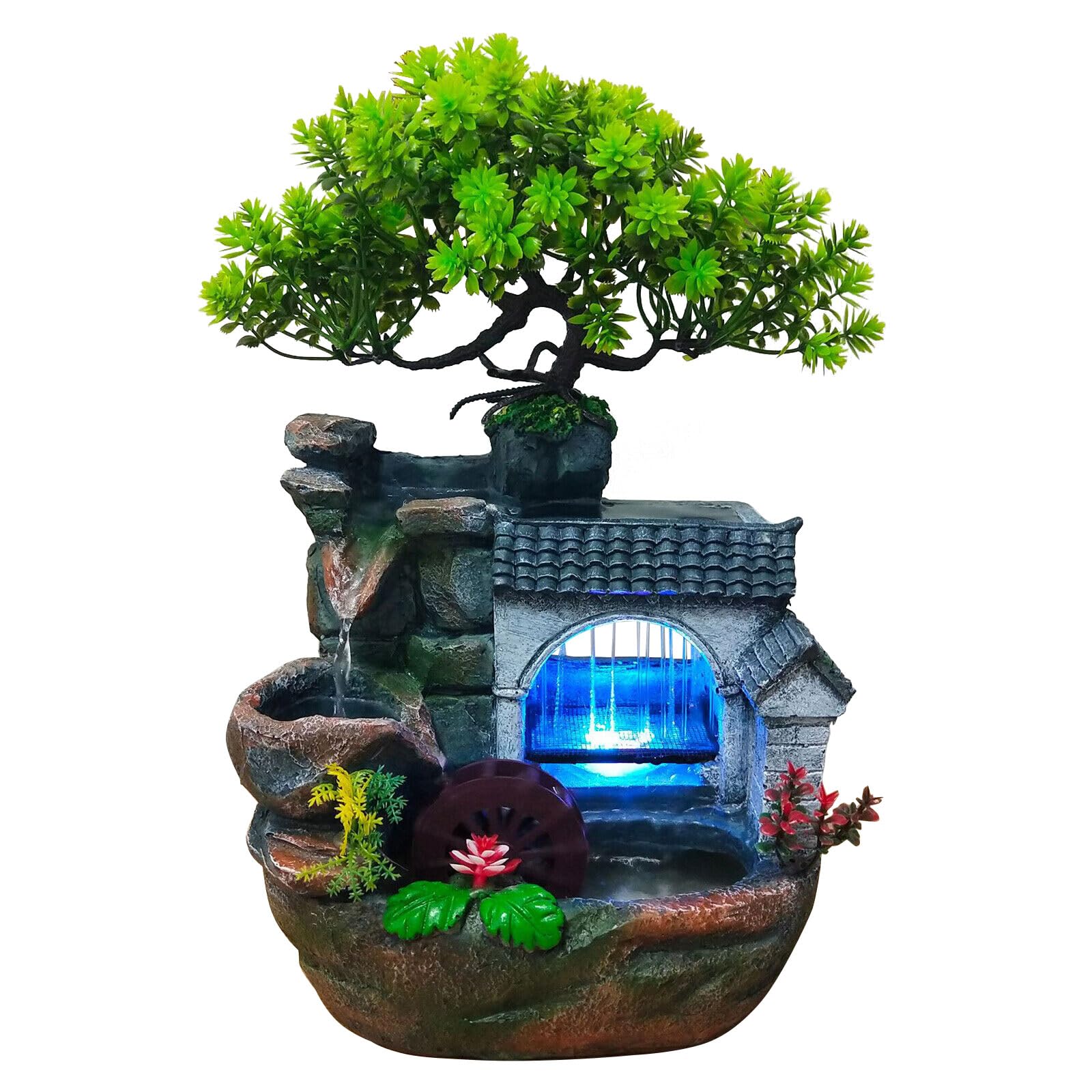 11" Desktop Fountain Rock Waterfall Humidifier with Artificial Tree &LED Light, Tabletop Water Fountains Indoor Fake Plant Bonsai Tree Feng Shui Decoration for Aquariums Office Bedroom Home Décor