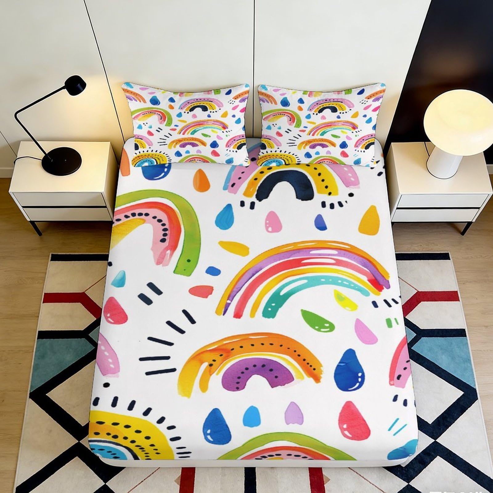 3D Printed Rainbow Splash Fitted Sheet Microfiber Colourful Abstract Bed Cover Bedroom Decor Mattress Protector 90x200x25cm