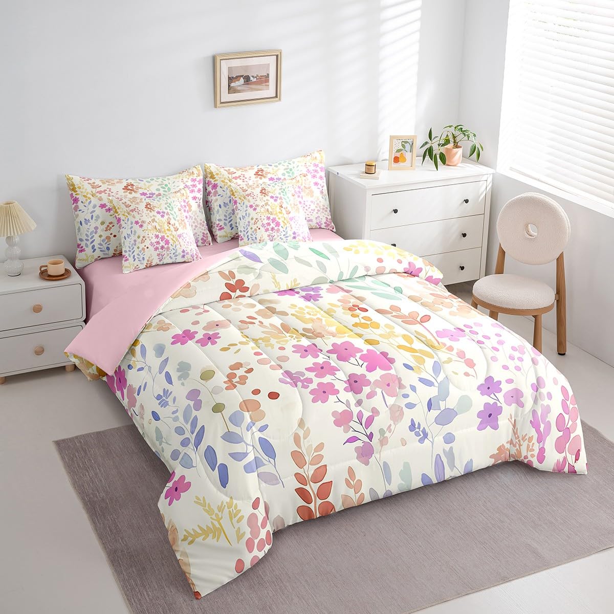 Erosebridal Juego de Cama matrimonial de 7 Piezas con diseño Floral Rosa en una Bolsa, Juego de edredón Bohemio de Flores arcoíris con sábanas para niños, niñas y Mujeres, Juego de Ropa de Cama de