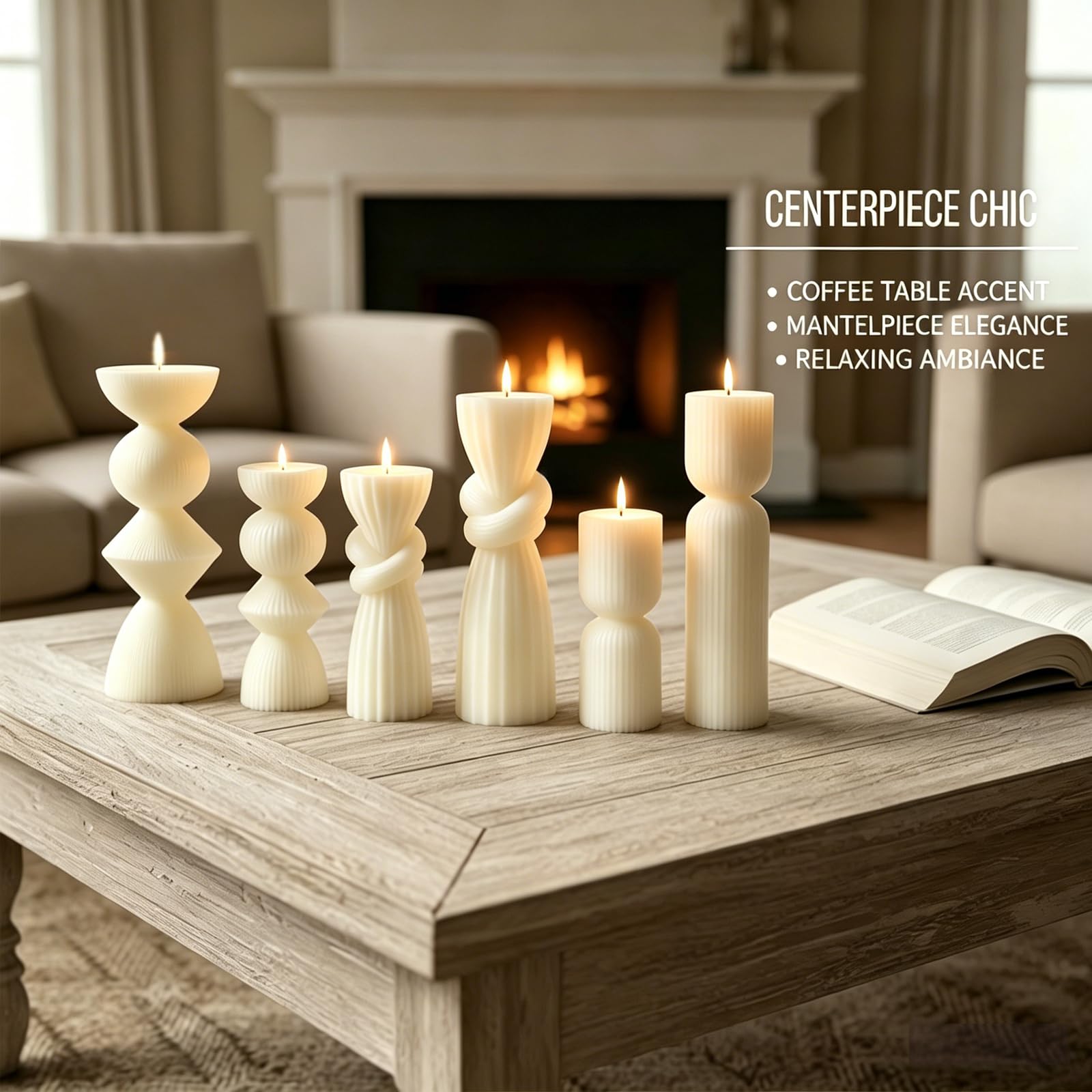 Set di 6 candele a colonna a coste, in cera di soia, regalo decorativo per l'inaugurazione della casa