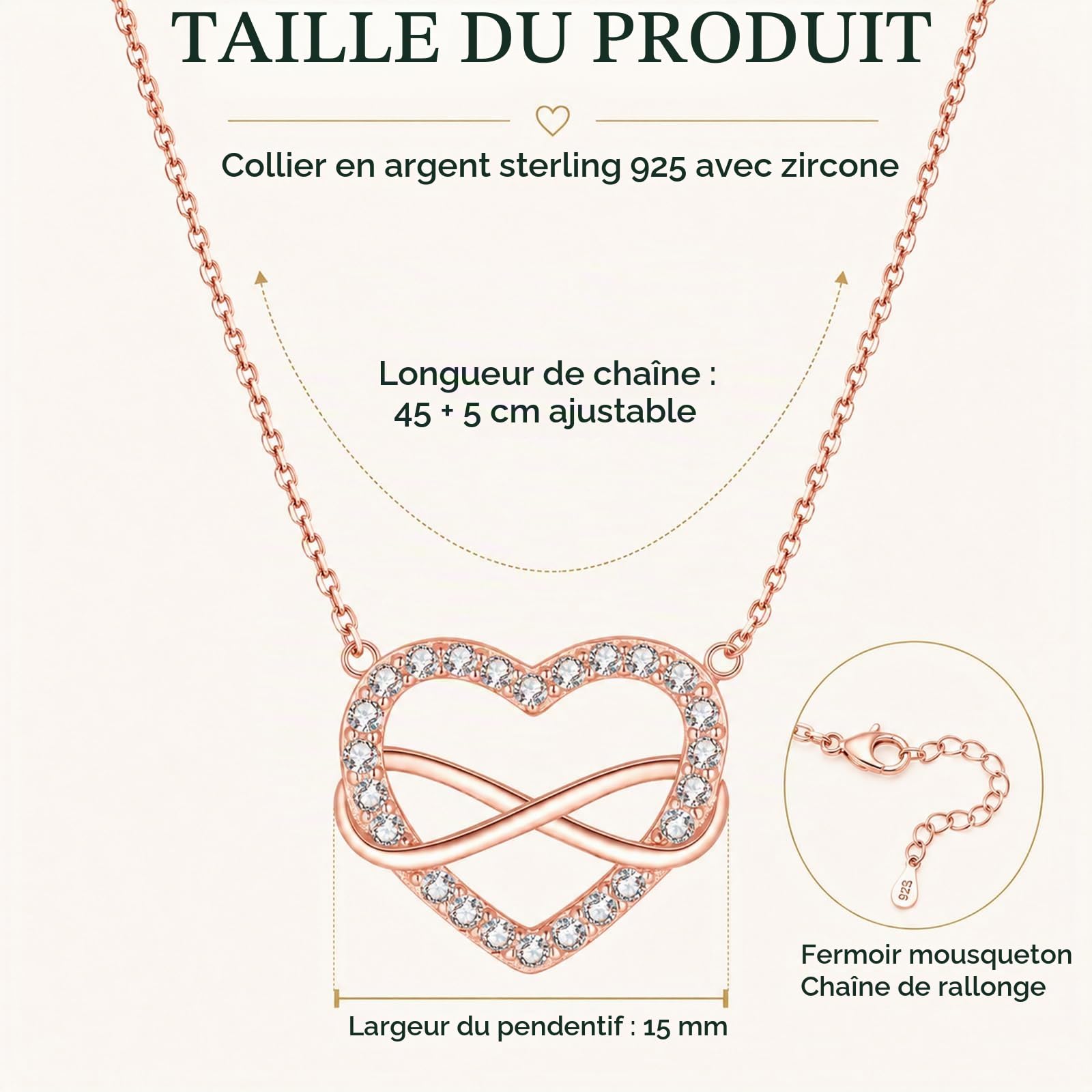 Jrêveinfini Collier Infini Coeur en Argent 925 pour Femme et Fille, Pendentif Personnalisé, Idee Cadeau Femme avec Emballage