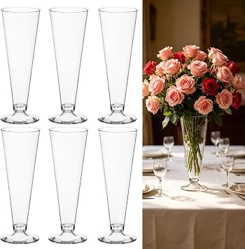 6 Pcs Trumpet Vase Bulk, 9 Tall Flower Vase Decorative for Centerpieces Wedding Party Favors Clear V Shape Plastic Vases Container for Wedding Home Party Table Centerpiece Decor