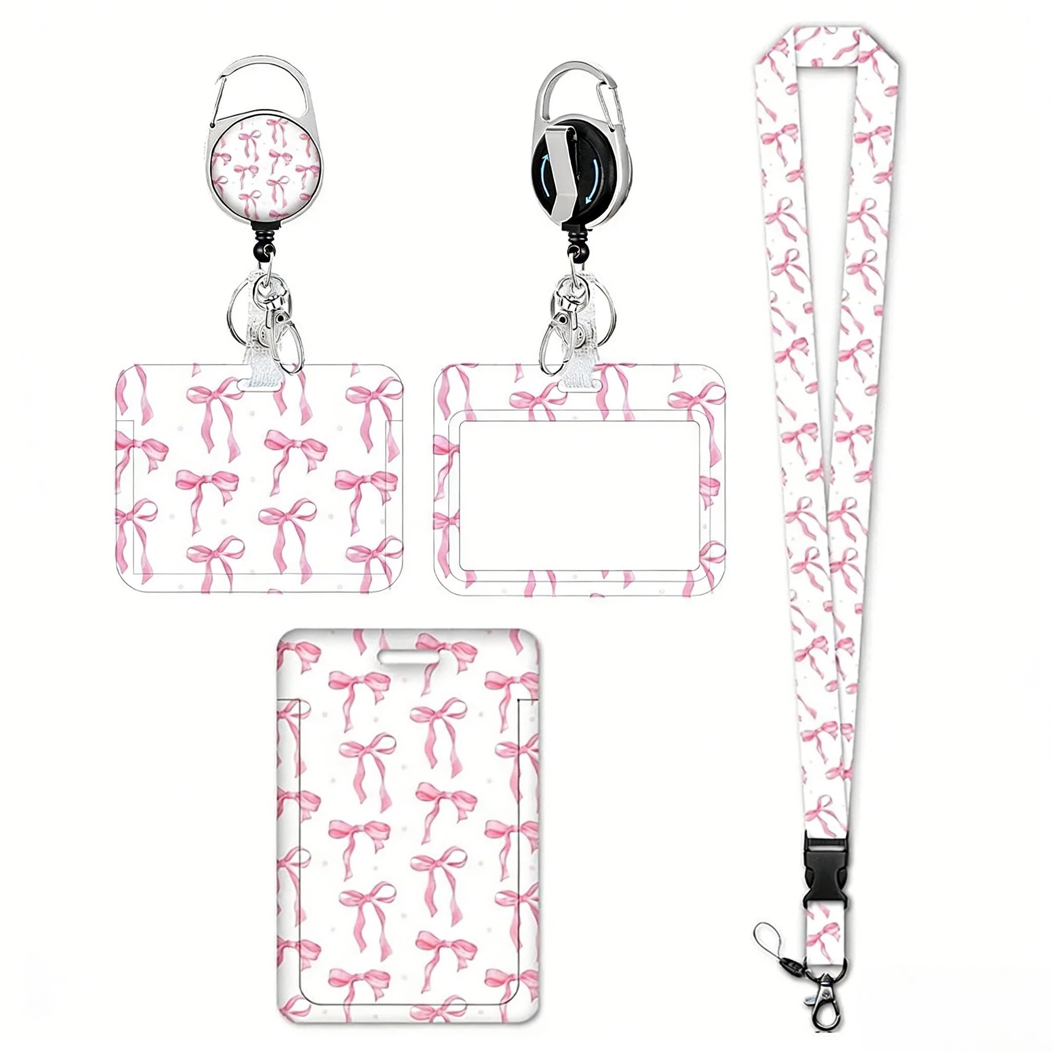 Satiskid 4 Pcs Pink Bow Lanyards for Neck with Card Holders, Bowknot Pattern Plastic Card Holder with Retractable Badge Reel Carabiner, Sliding Badge Holder Set for Work School Office