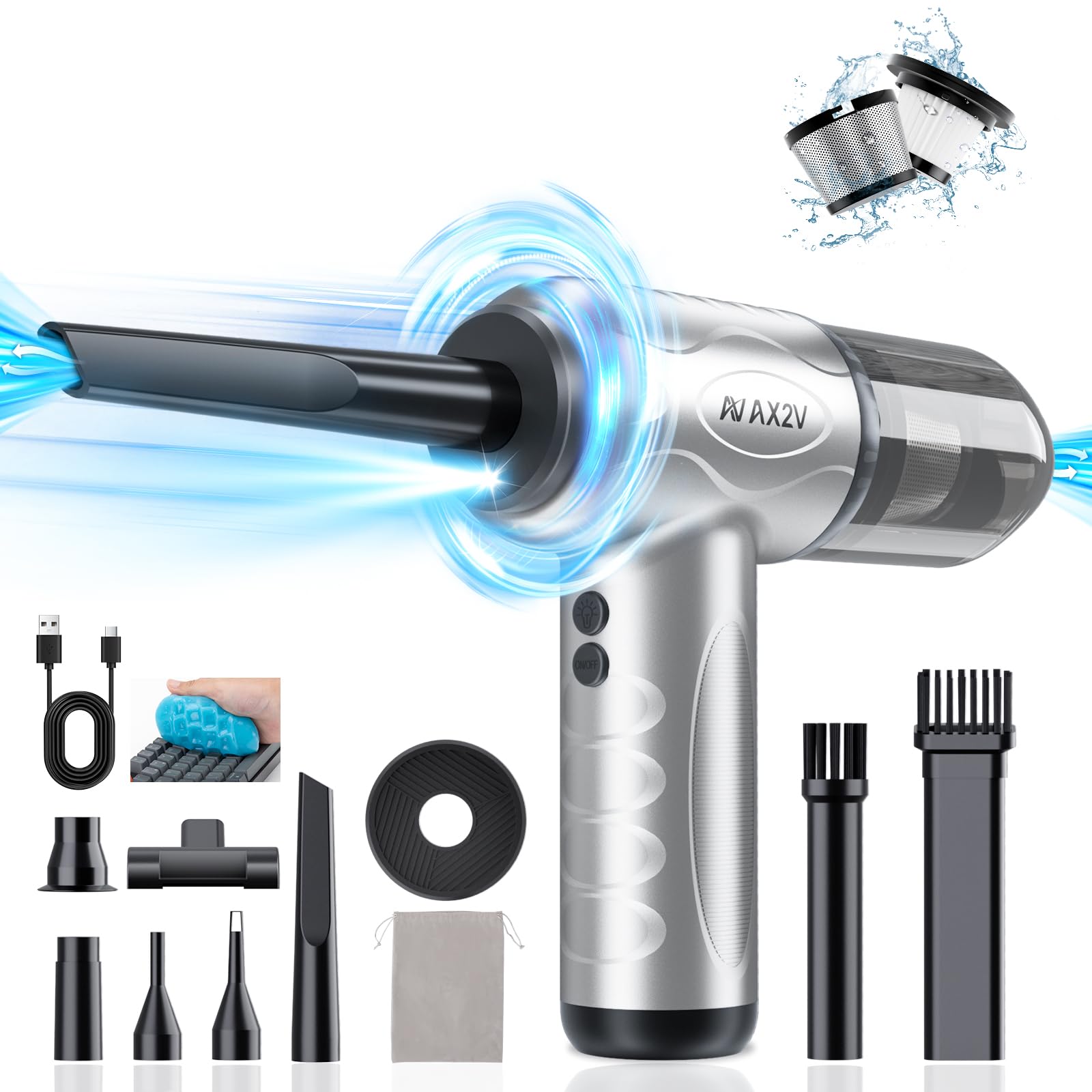 AX2V 4-in-1 Compressed Air Duster, 120000RPM Mini Vacuum Keyboard Cleaner, Air Blower& Pumper, Keyboard Duster with LED Light - Electric Air Duster Cleaner for Computer and Car Deep Cleaning