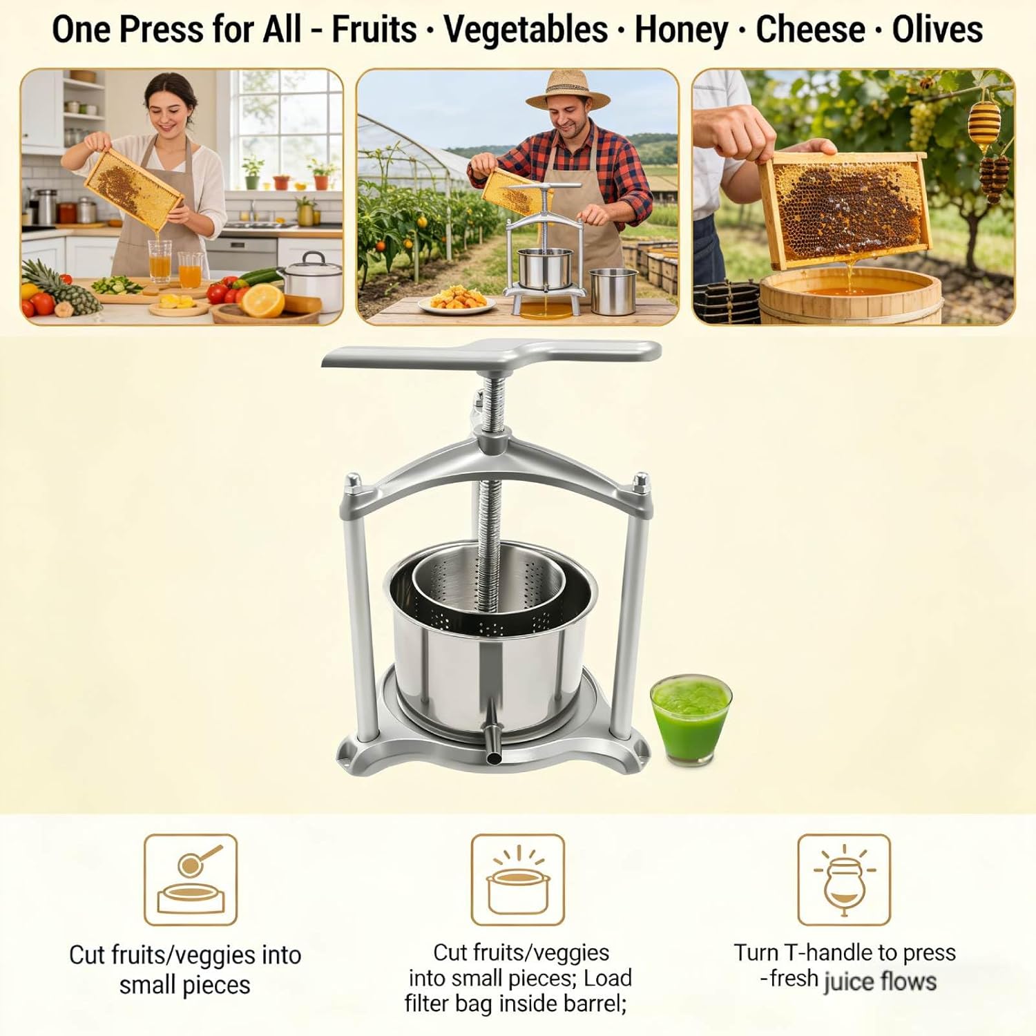 Fruit Press Stainless Steel 3L Wine Press Machine with Dual Stainless Steel Barrels Manual Juice Maker, 0.8 Gal for Juice, Cider, Wine, Olive Oil