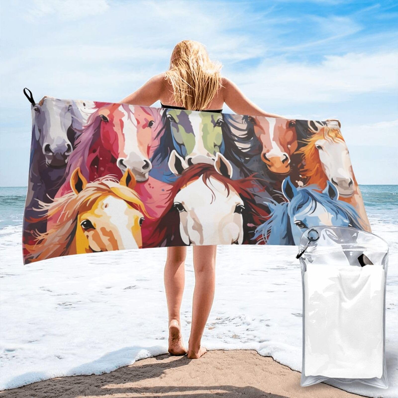 DWVTSLH Microfiber Sand Free Beach Towel 31.5"x63", Quick Dry Absorbent Travel Towel Large Camping Blanket, Colourful Cartoon Horses Bath Towels Lightweight Pool Swim Towels for Vacation Essentials