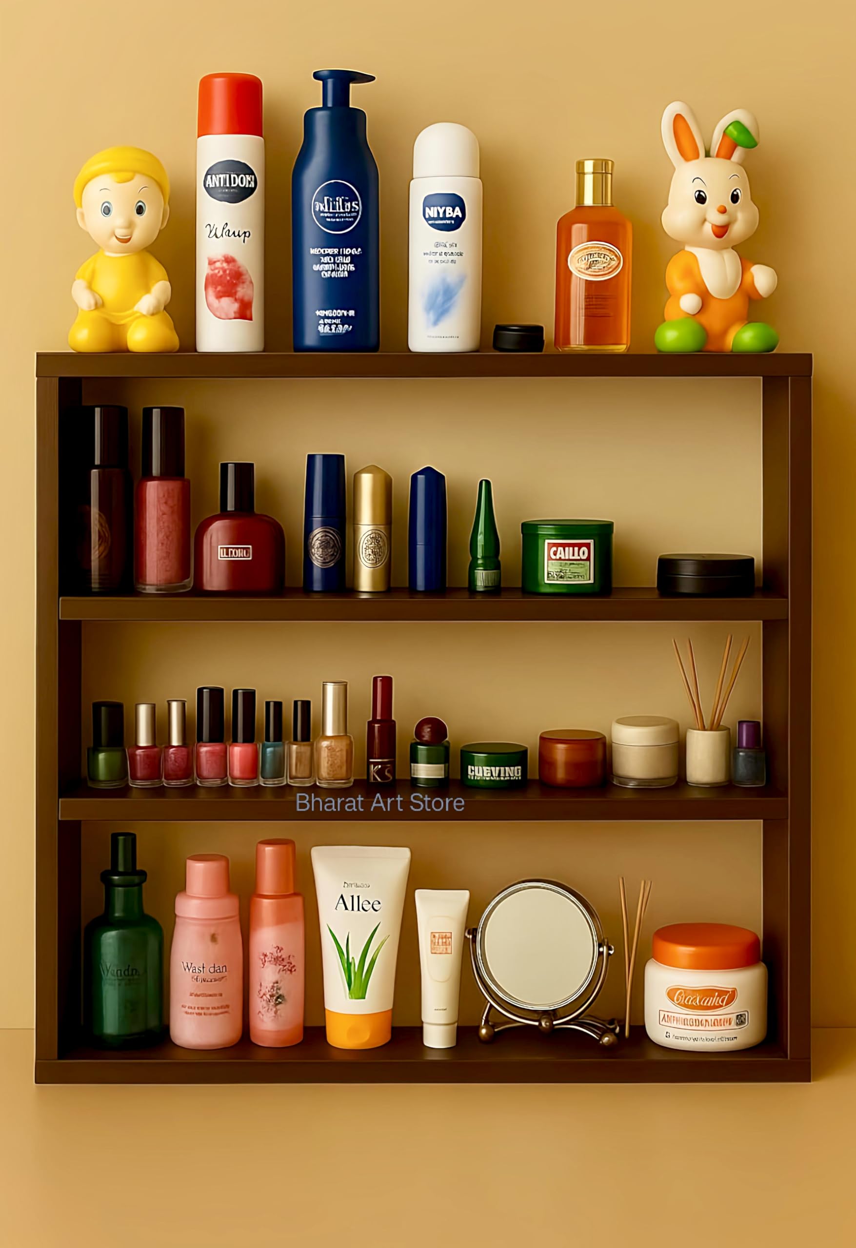 4-Tier Wooden Wall Mounted Storage Shelf, Brown Bathroom Organizer with Display Shelves for Beauty Products, Cosmetics, and Decorative Items-image-31
