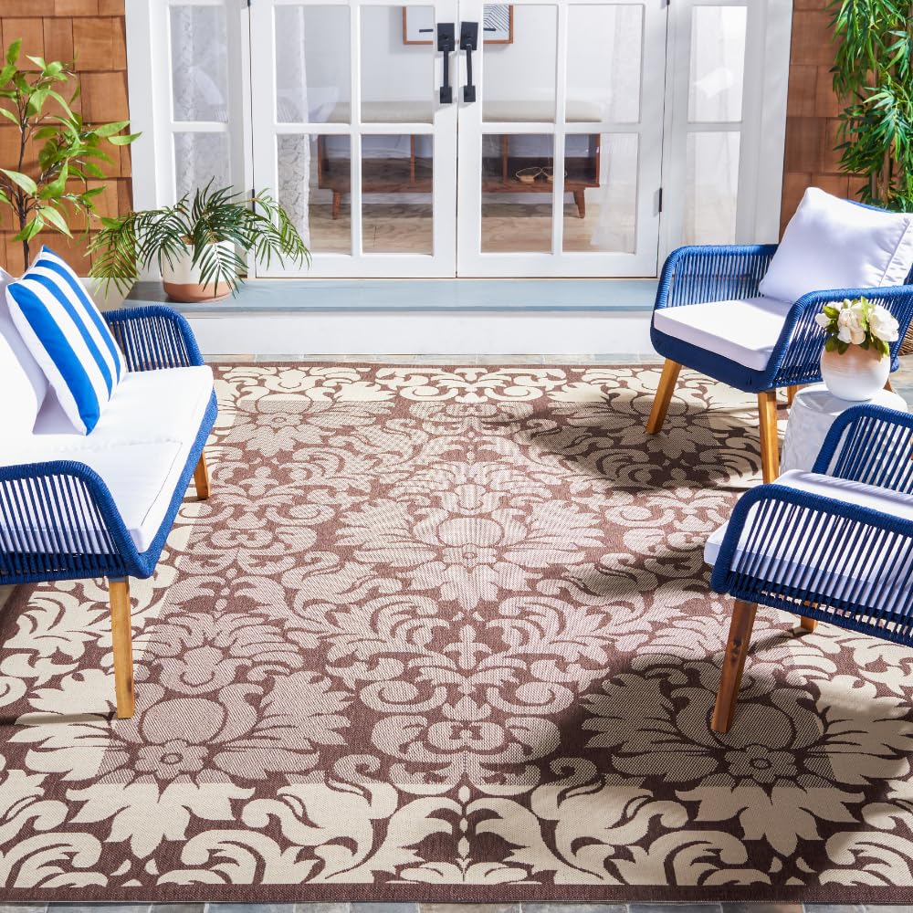 SAFAVIEH Washable Rug Outdoor Courtyard Collection - 9' x 12', Chocolate & Natural, Non-Shedding & Easy Cleaning, Ideal for Patio, Backyard, Mudroom (