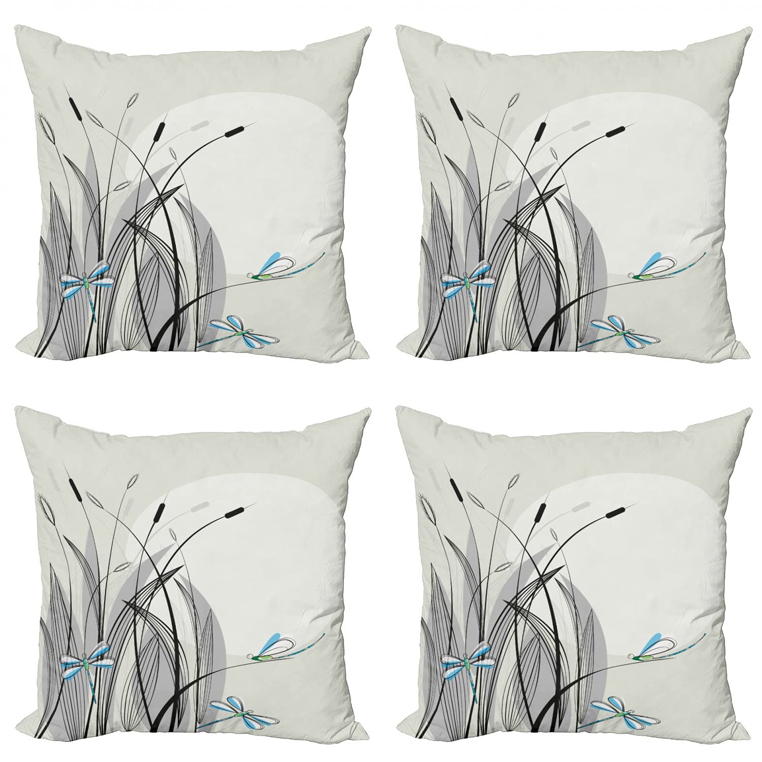 Ambesonne Dragonfly Decorative Throw Pillow Case Pack of 4, Dragonflies on Flowers and Branches Flourishing Nature Spring Time Predator, Cushion Cover
