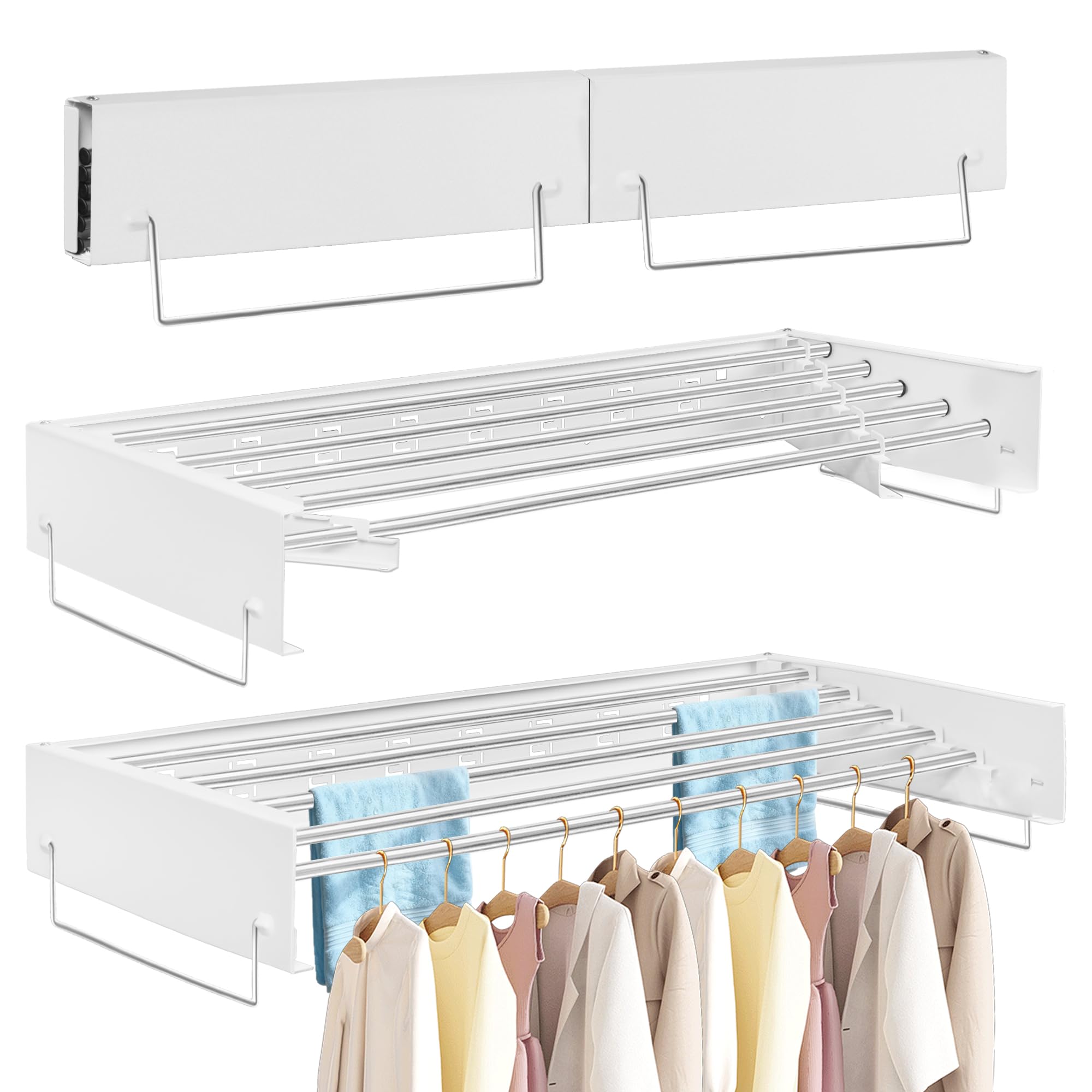 Stendibiancheria da parete con 5 barre, stendibiancheria pieghevole per interni ed esterni, 4 metri di lunghezza di essiccazione, risparmio di spazio, bianco (80 cm)