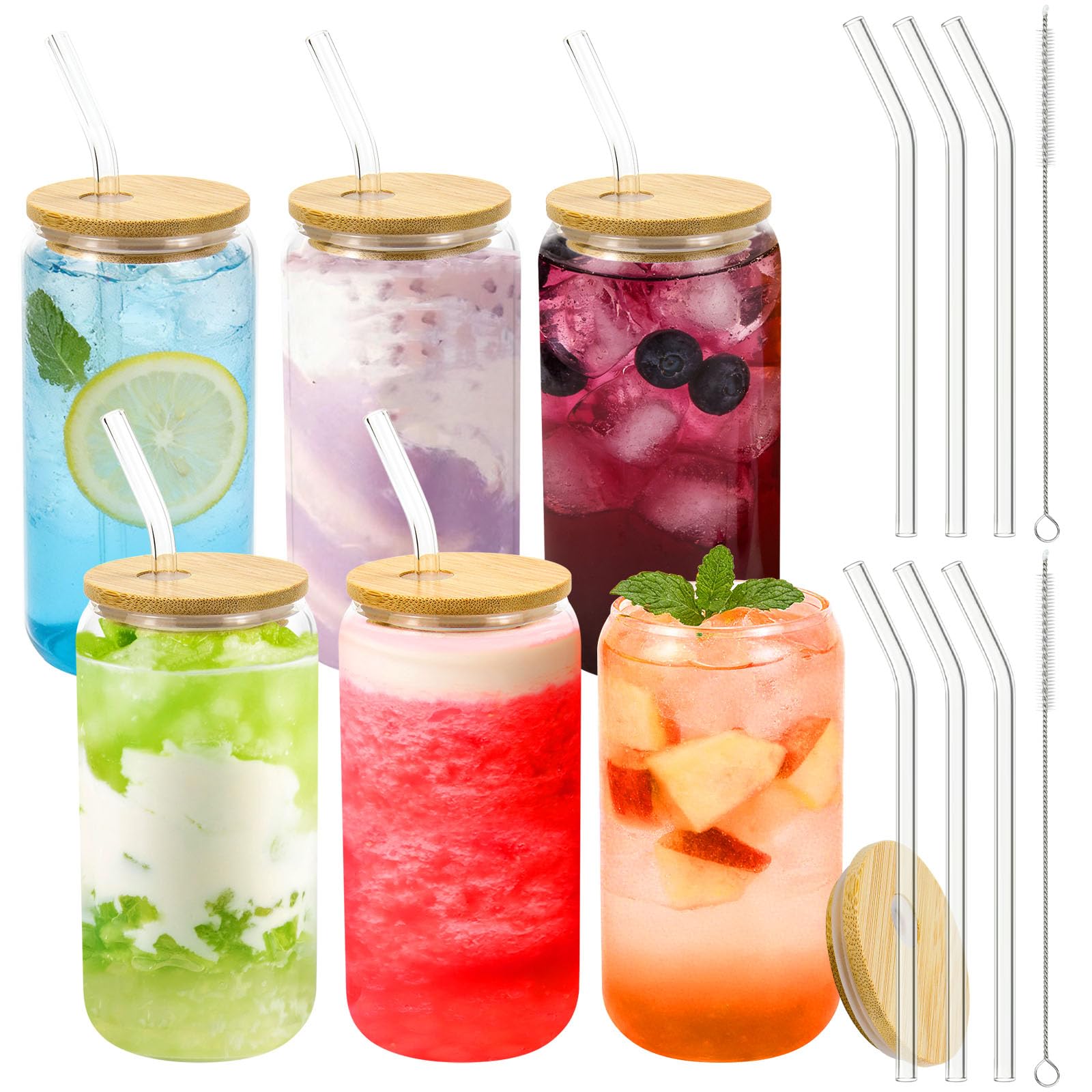6er Set Trinkglas mit Deckel und Strohhalm, 500ml Eiskaffee Gläser mit Bambusdeckel, Cocktailglas Set für Matcha, Whiskey, Latte, Cocktails, Smoothie, Saft, Bier, Bubble Tea und mehr