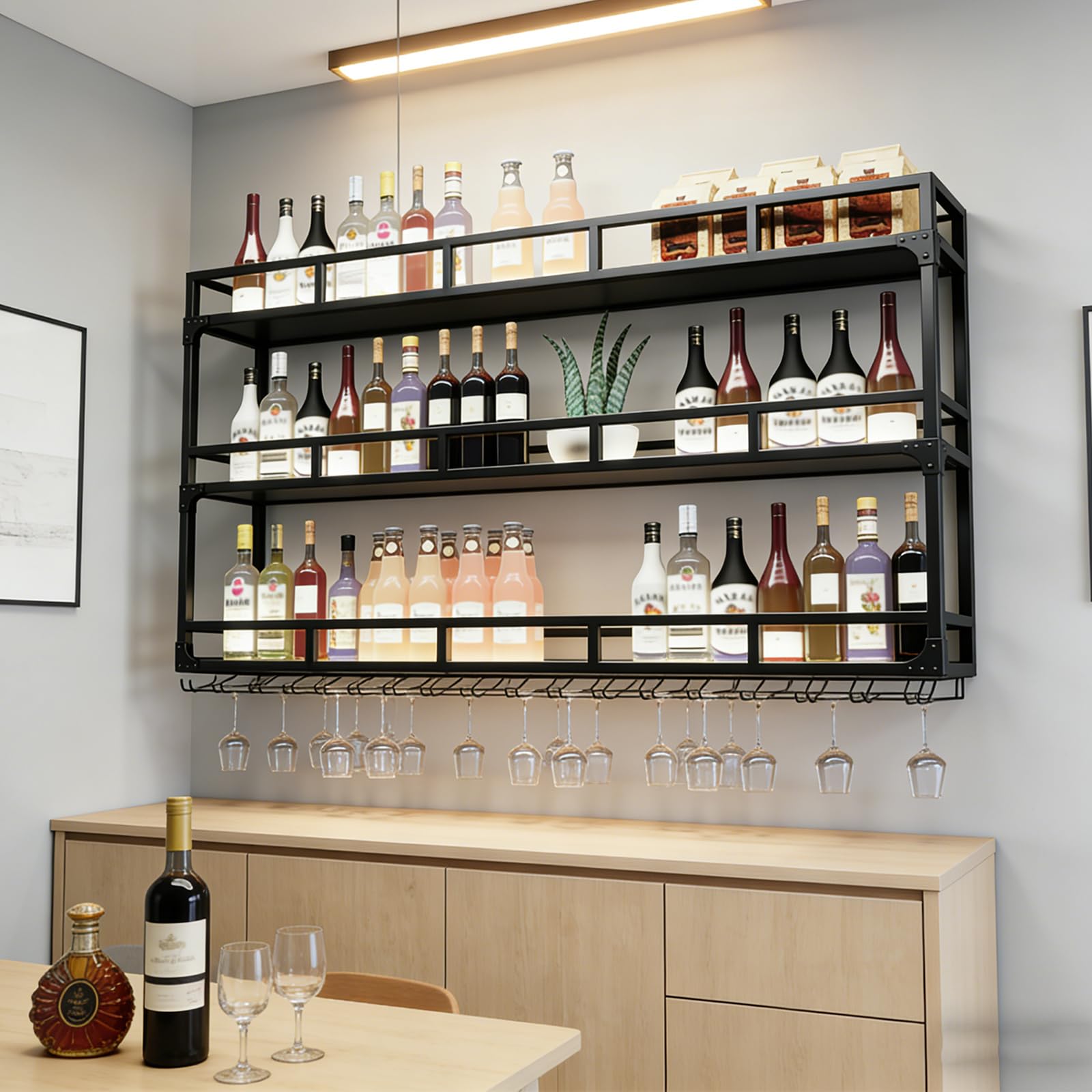 Weinregal Wand, 3 Ebenen Wand-Weinregale mit Glashalter, Multi funktionaler Weinpareite Display Rack,Weinflaschenhalter Wandmontage, für Zuhause, Bar, Küche, Restaurant (BLACK, 150*25*90cm)