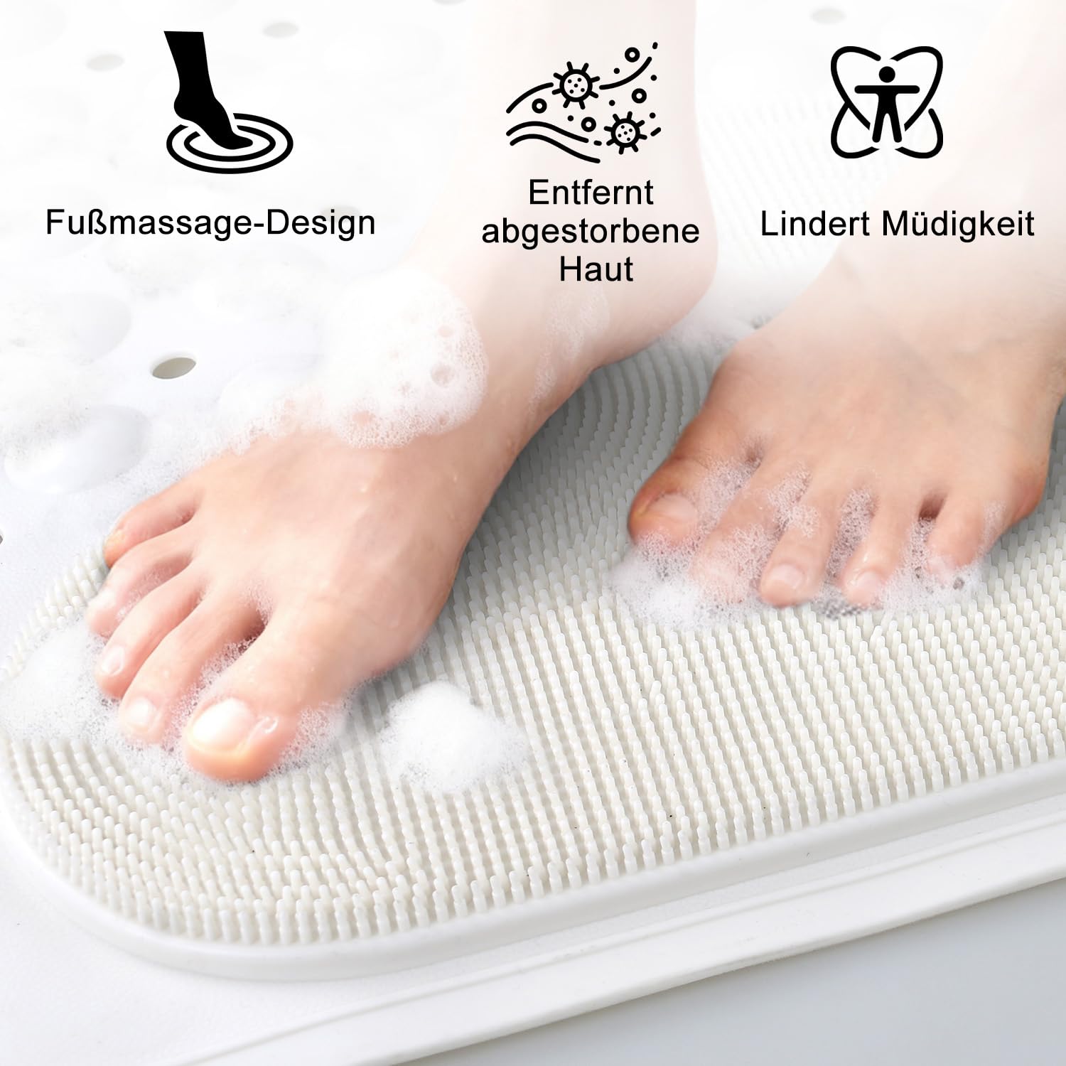 Tapis de douche antidérapant 90 x 60 cm, tapis de douche en TPE avec ventouses, grand tapis de douche antidérapant, sans BPA, blanc pur, 90 x 60 cm (rectangulaire)