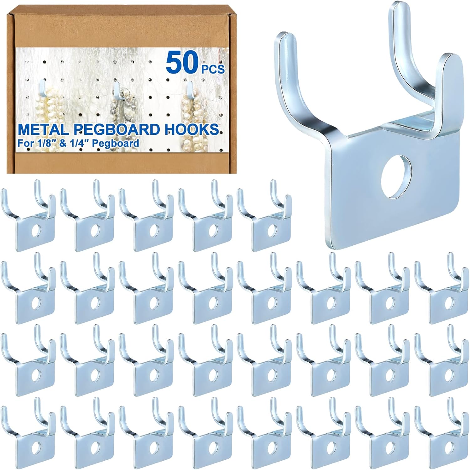 Tandefio 50 Pcs Pegboard Hooks Metal Prong Hook Peg Board for Hanging Hangers for Wall Picture Jewelry Display Tool (Silver) Silver 50