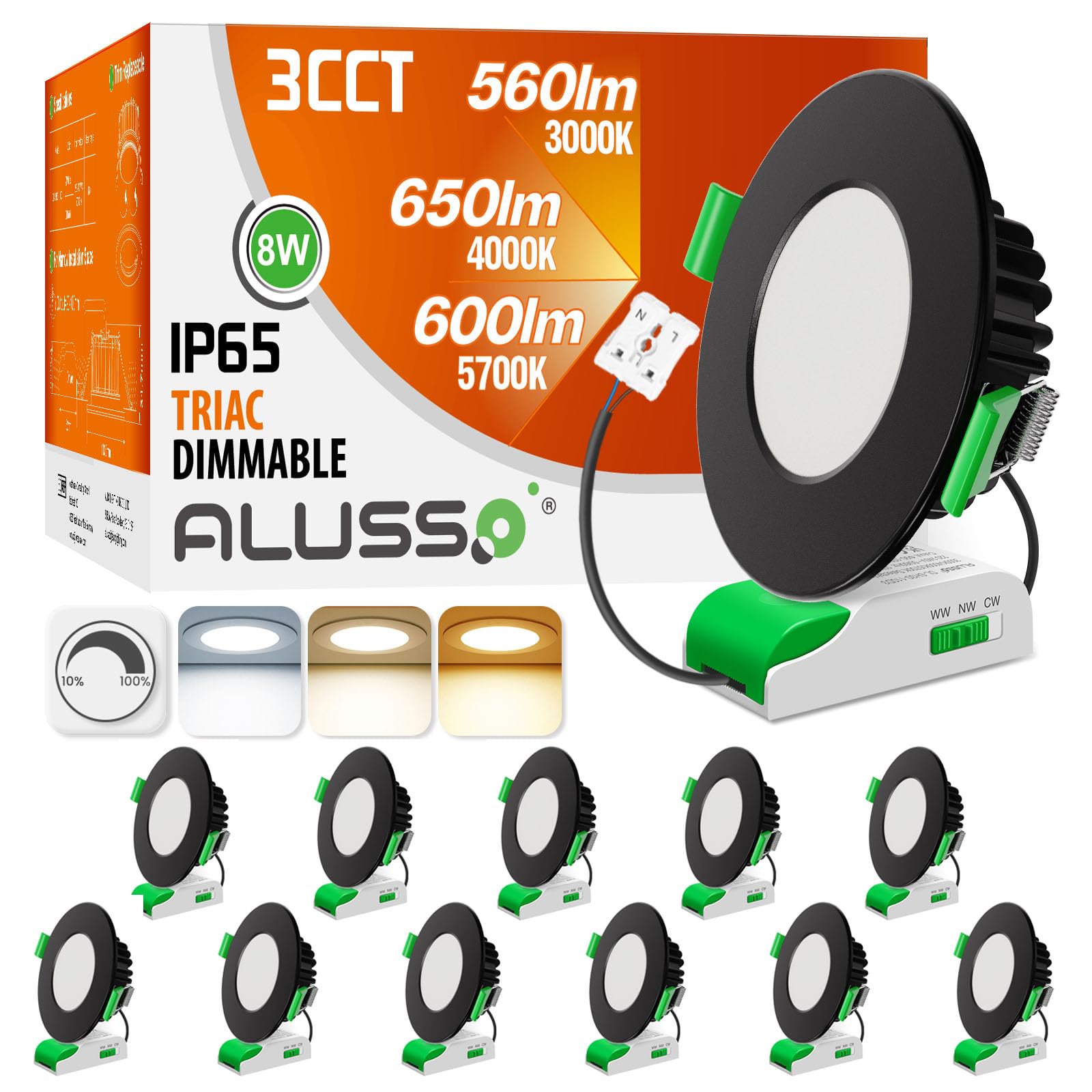 ALUSSO 3CCT LED Downlights Ceiling Dimmable 8W IP65 Cutout 70-80MM 12 Pack