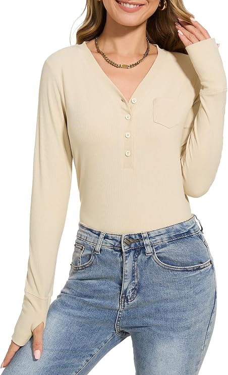 Moreone Womens Long Sleeve Henley Shirts for Women Button Ribbed Knit Shirt V Neck Tops Fit Slim Casual Basic Blouses