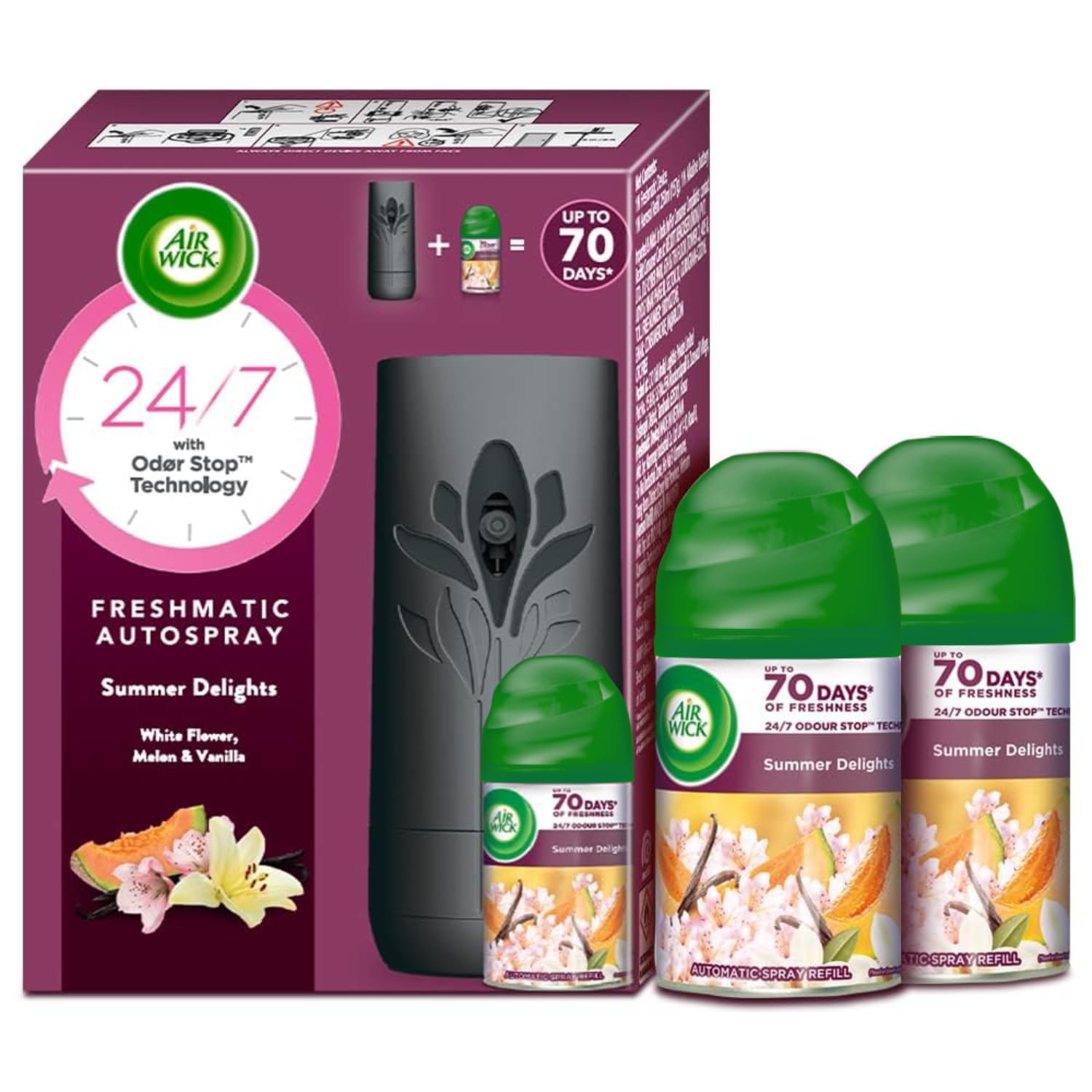 2 x 250 ml - Vanilla & Muskmelon (Summer Delights), Refill + Automatic Spray|Freshmatic Air Freshener Kit |2600 Sprays Guaranteed|Automatic Room Freshener, Bathroom Freshener and Room Spray