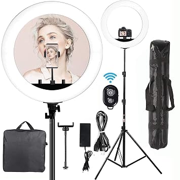Eloies 18 inch Professional LED Ring Light 9ft Metal Stand | Three-Position Shooting- 55W Dimmable Lighting for Vlog, Makeup, YouTube, Camera, Photo, Video,3200K-6500K White & Warm White | BT Remote