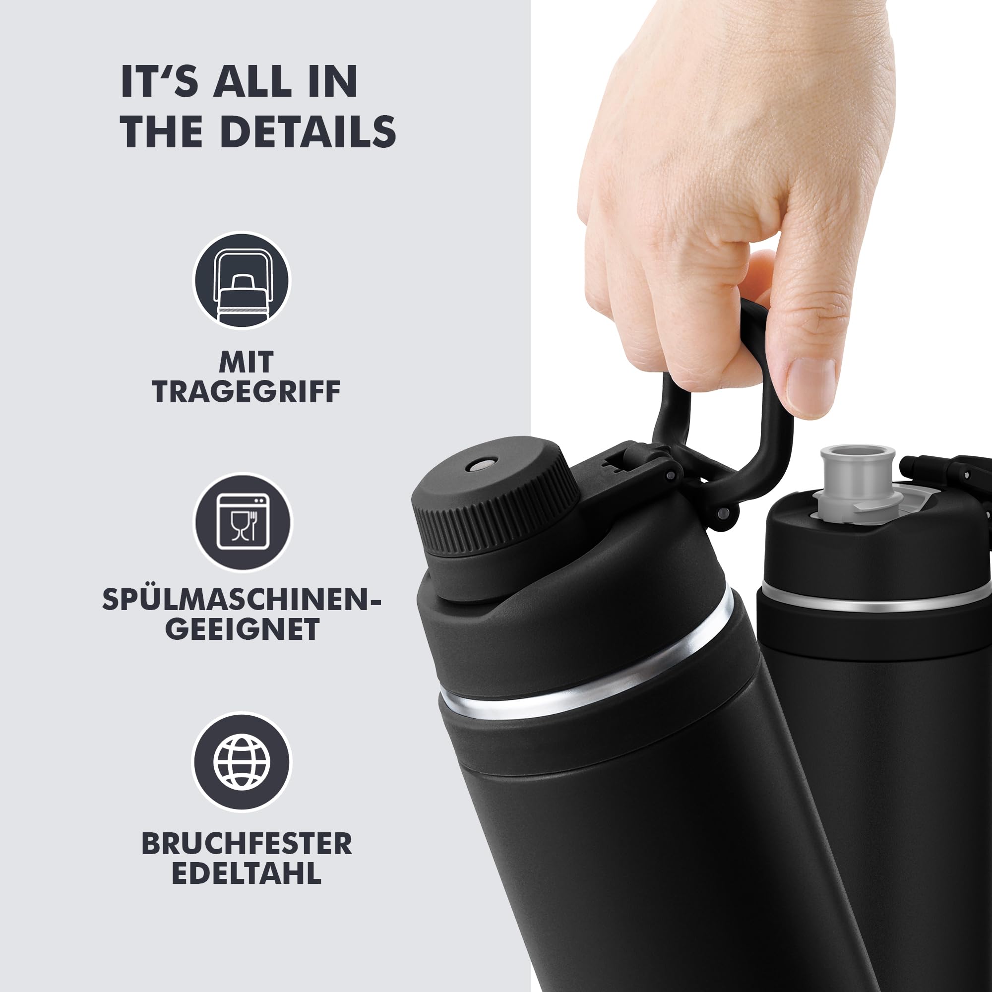 THERMOS ULTRALIGHT MAX Isolierflasche 1,50 l, 24 h kalt, black mat | 12 h heiß, ultraleicht, absolut dicht, Edelstahl-Trinkflasche mit Tragegriff, für Sport, Outdoor & Reisen, schwarz