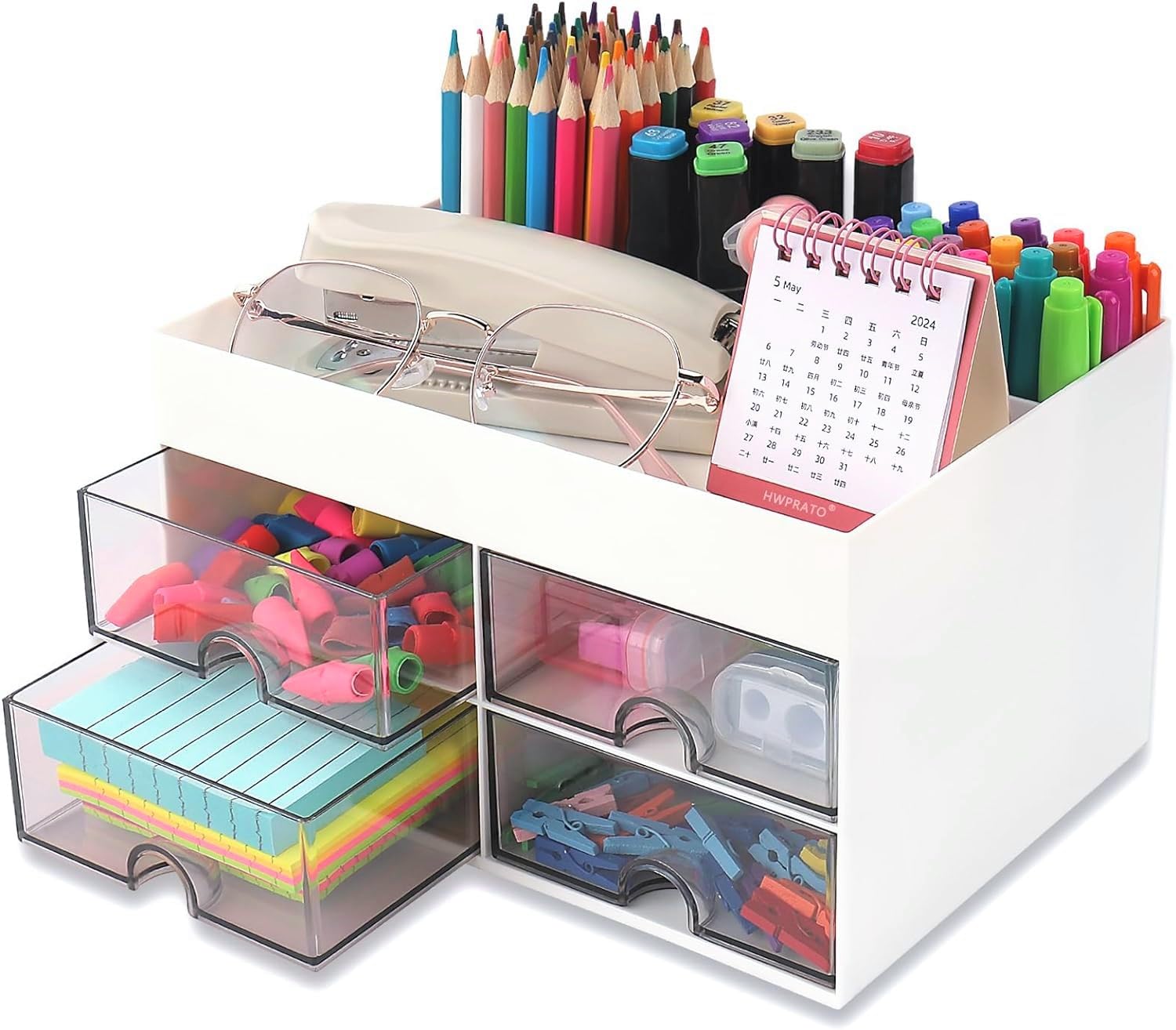 KAHEIGN Organizador de Escritorio con 4 Cajones, 19CM x 14CM Organizador de Escritorio Multifuncional Portalápices de Gran Capacidad Organizador de Maquillaje para Oficina Escuela Hogar Mesa (Blanco)