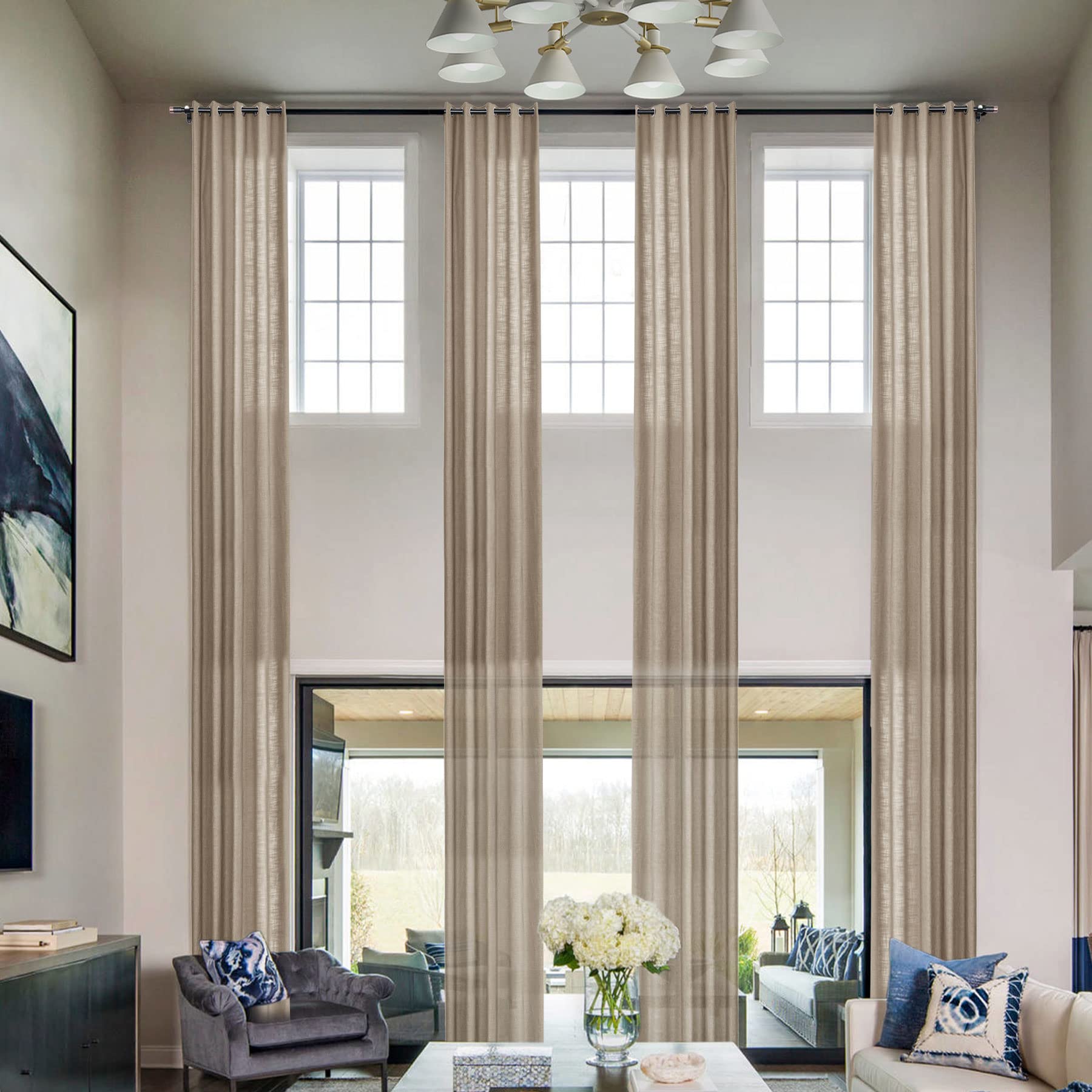 Frelement Extra Long Linen Curtains 10ft Length Light Filtering Curtain Drapes for High Ceilings Loft Thermal Insulated Grommet Curtains Drapes, 100" W x 120" L, 1 Panel, Tapioca