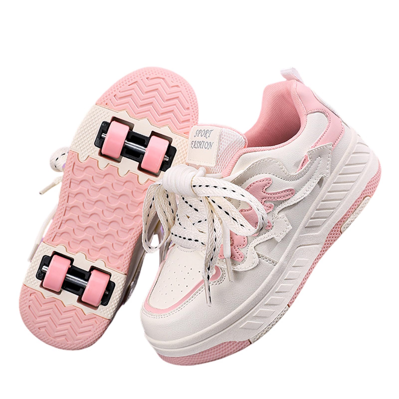 Surwin Kids Roller Skate Shoes for Girl Boy, Bow-Knot Four Wheels Trainer Roller Skates Adult Teenager Unisex with Retractable Rear Wheels, Lightweight Outdoor Running Sneakers (Pink,6.5)