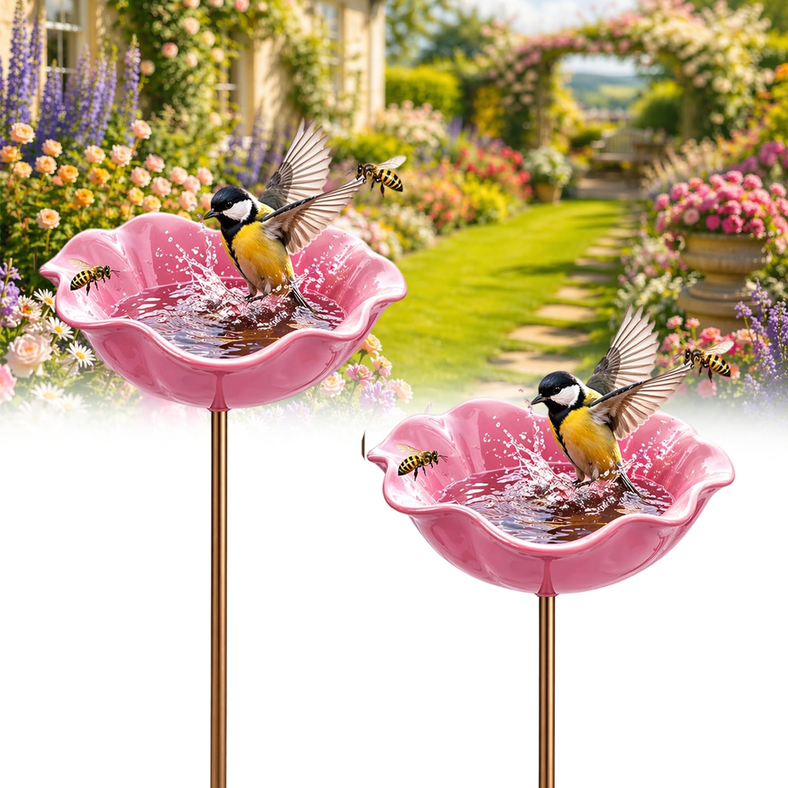 Handmade Metal Flower Garden Stake Bird Bath Bowl - Weather-Resistant Bee Watering Station & Flower Bird Feeder, Decorative Outdoor Metal Flowers for Yard Lawn Patio Decor (2 * Pink)