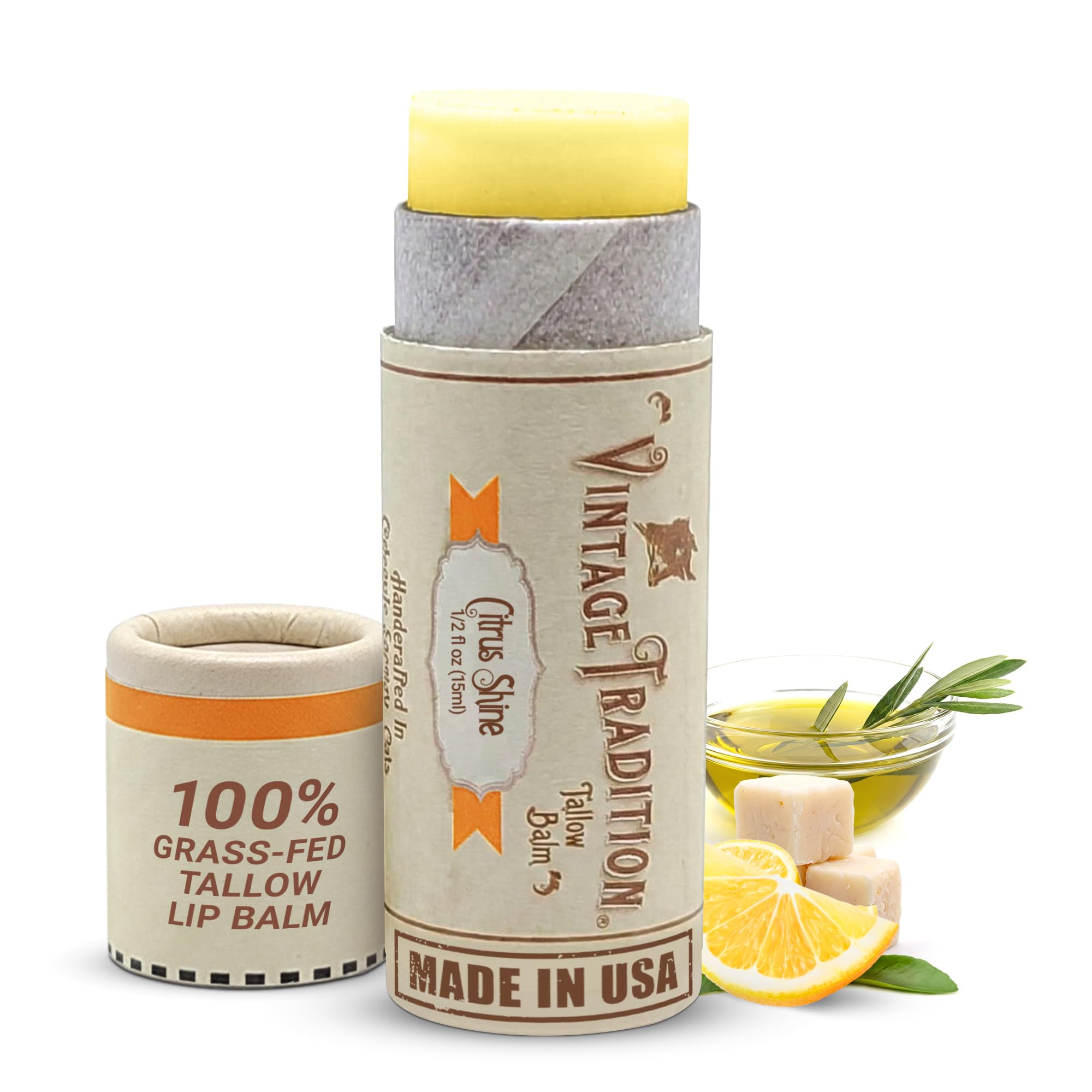 Moisturizing Beef Tallow Lip Balm – Tube Lip Moisturizer with Citrus & Lavender Essential Oil Blend Hydrates & Soothes Dry Lips – Grass-Fed Tallow Balm for Skin Care, 0.5 Fl. Oz.