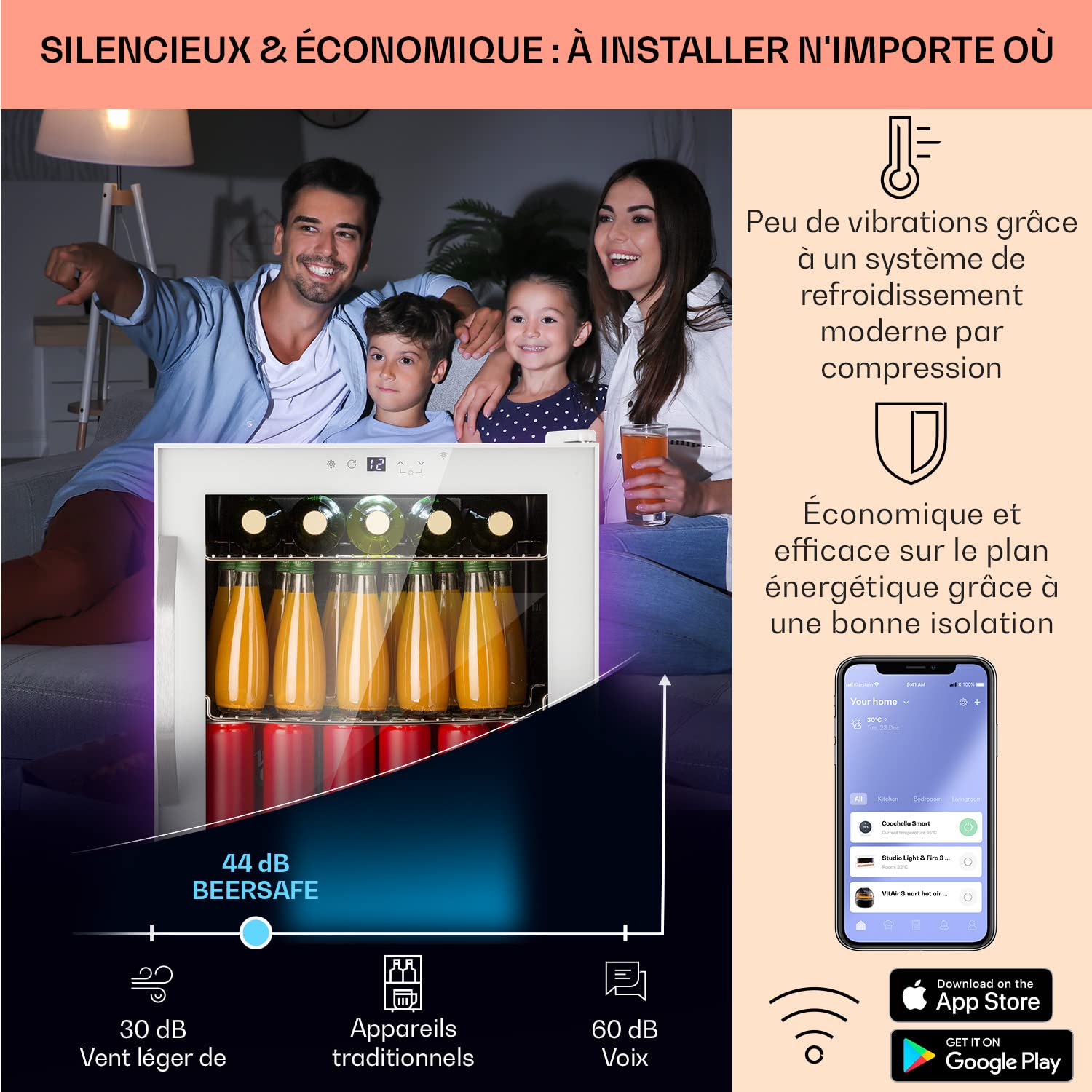 KLARSTEIN Mini Frigo de Chambre de 47L pour Boissons et Bieres, Petit Frigo Silencieux, Mini Bar Intérieur/Ext, Petit Refrigérateur Camping, Stockage de Vins et Boisssons, Étagères Amovibles, 5-18°C