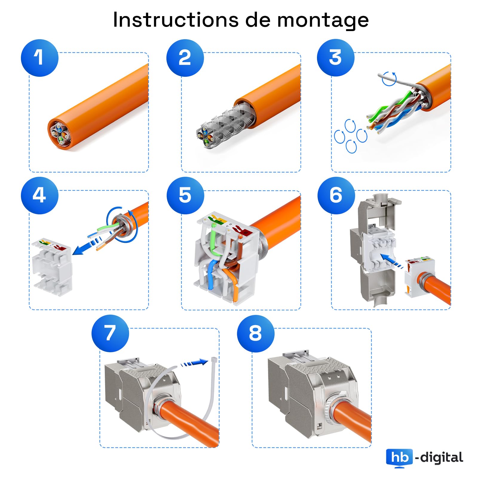HB-DIGITAL 8x Module Keystone RJ45 CAT 6a Prise Réseau 10 Gbit/s STP Blindé AWG 22-24 Connexion LSA Sans Outil pour Câble Ethernet LAN, Panneau de Brassage et Prise Murale