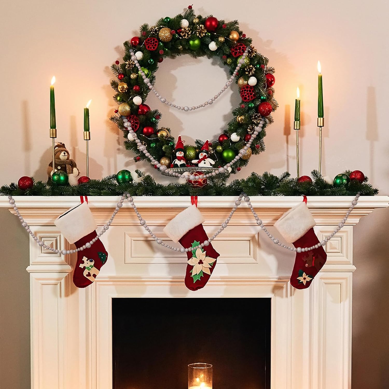 Equsion 2 Pcs 13.7 Feet Christmas Wooden Beaded Garland for Tree Boho Decorations Wall Hanging Farmhouse Home Decor Rustic(Gold, White)