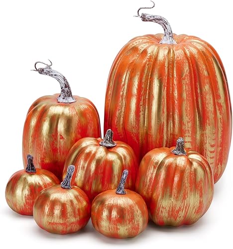 Vista 5 de Lizxun 7 calabazas artificiales para decoración de Halloween, simulación realista, mezcla de cosecha de otoño, calabazas de espuma para Halloween