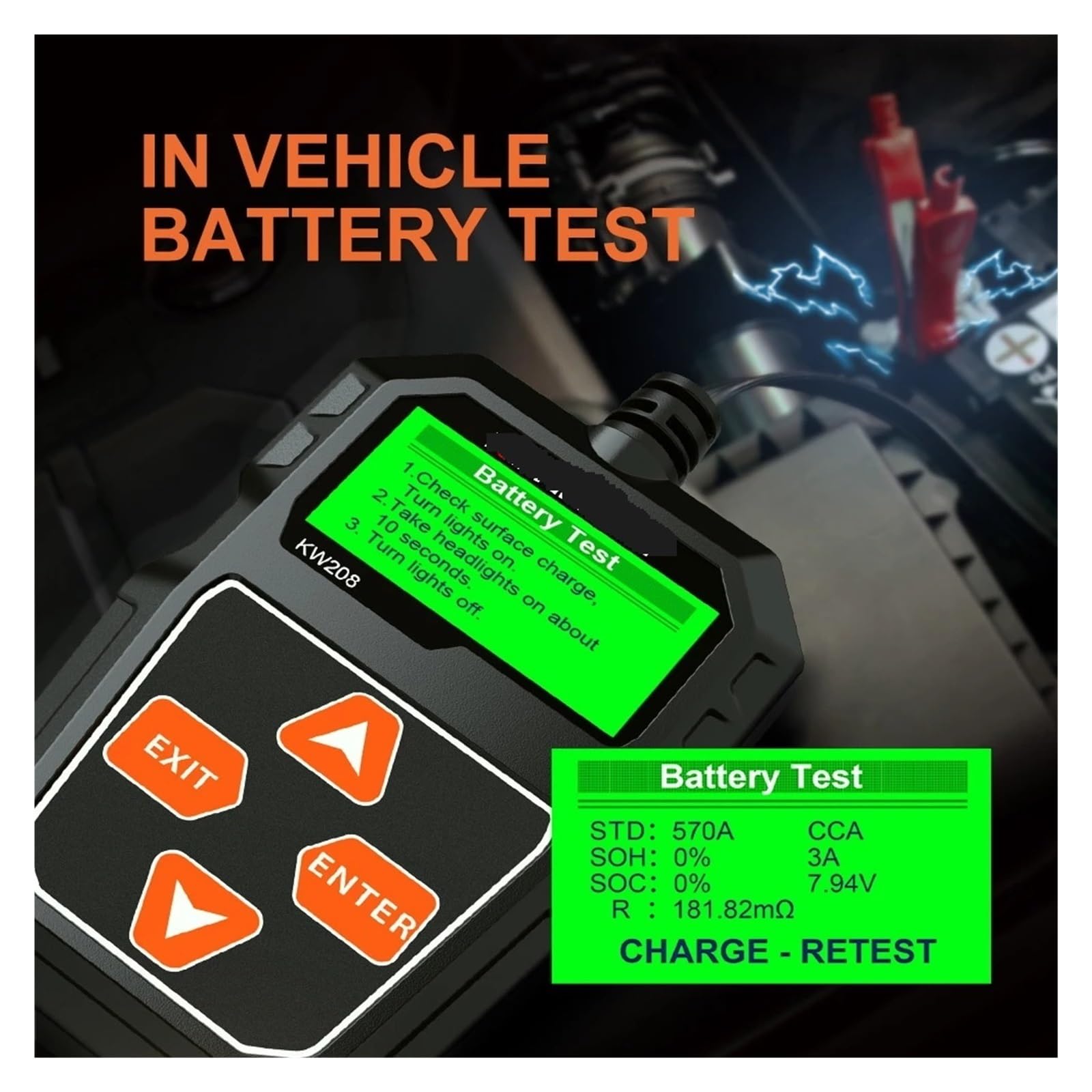 Testeur de batterie, Testeur de batterie voiture KW208 Analyseur moto 100-2000 CCA Test du système démarrage charge puissance