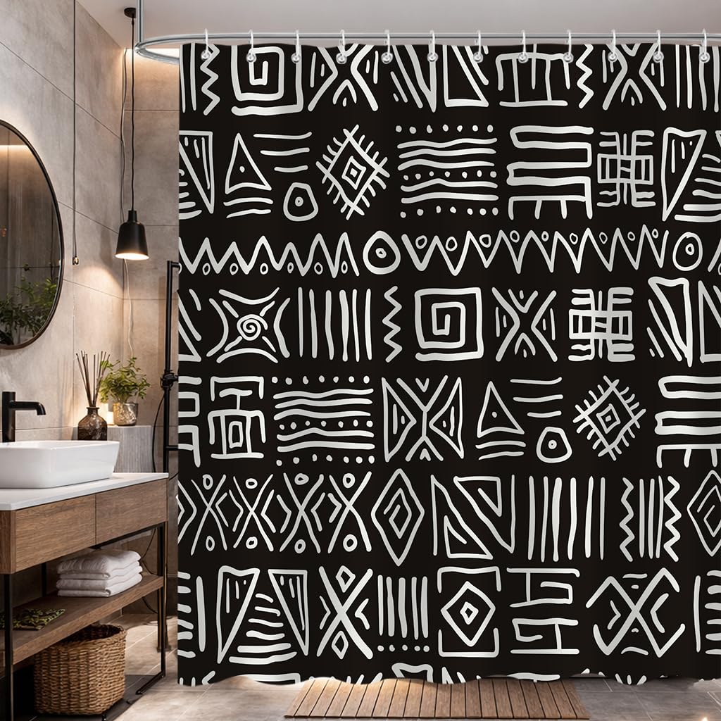 Moyrisou Black White Shower Curtain, Modern Abstract Tribal Line Art Minimalist Bath Curtain, Fabric Bathroom Decor, 72X72 Inch
