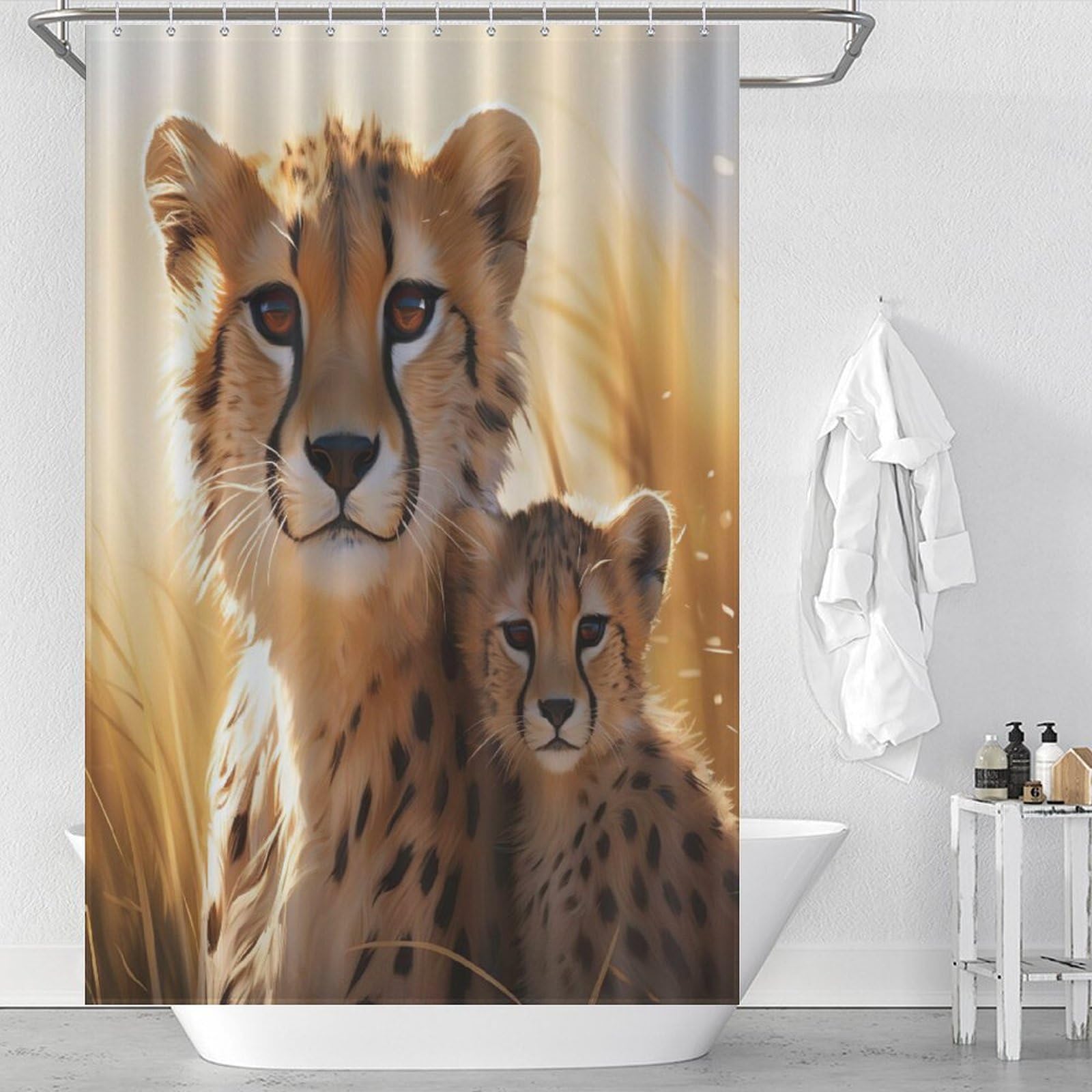 Rideau de douche léopard en tissu lavable avec 12 œillets renforcés pour baignoire