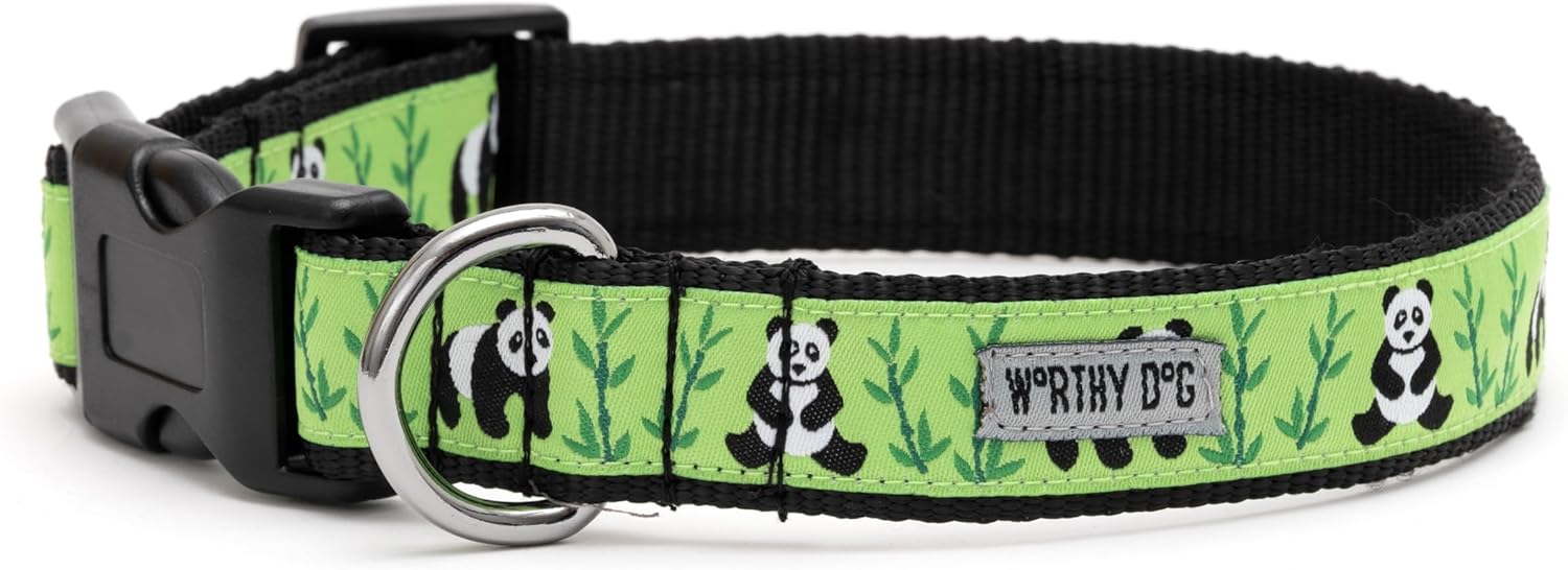 THE WORTHY DOG Collar for Small Dogs, Adjusts 6-12 inches, Durable Nylon Webbing, Quick Release Buckle, Pandas Pattern, Green, X-Small