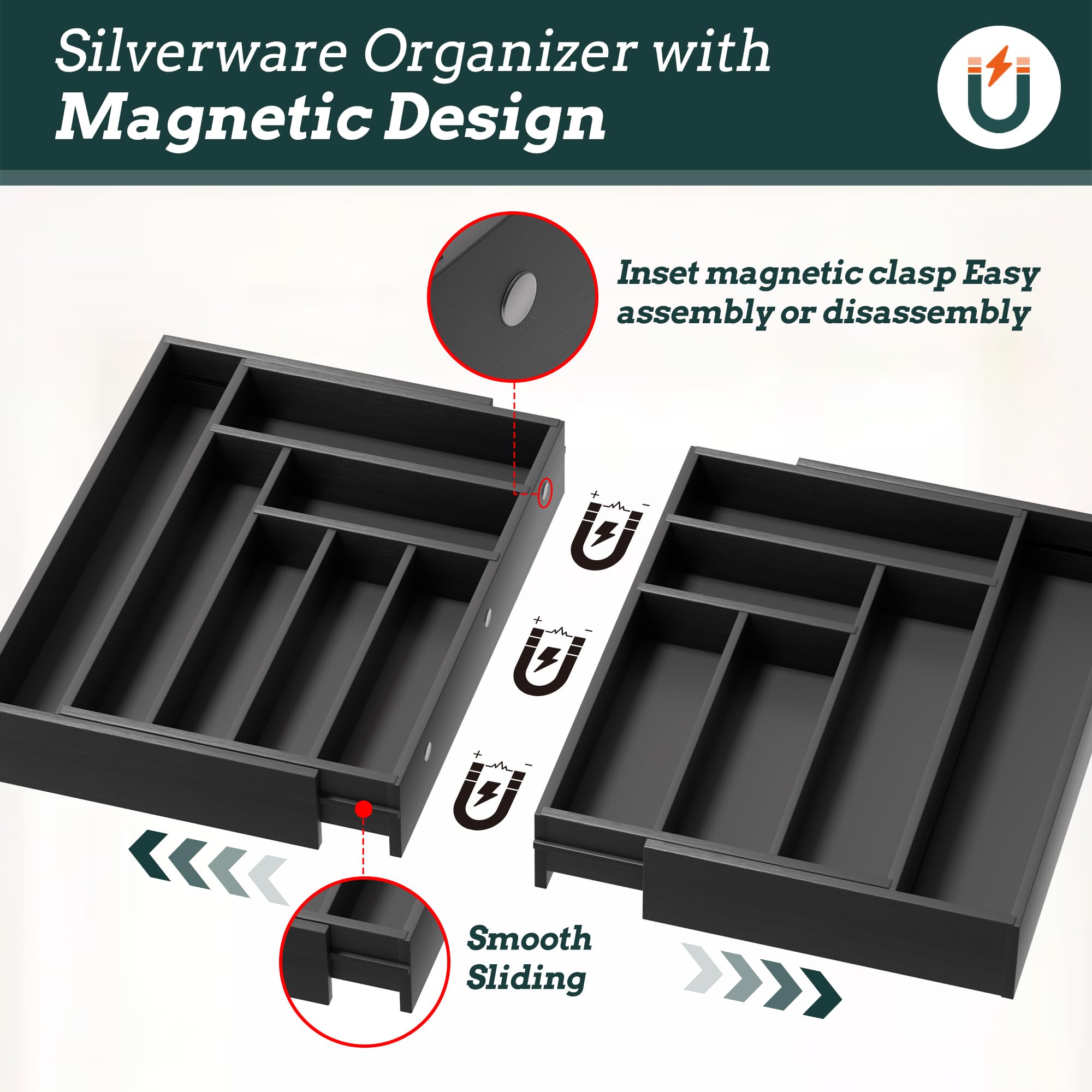 Organizer na sztućce, duży, magnetyczny, rozszerzalny, 13 przegródek, organizer do szuflad, od 51 do 81 cm, regulowany uchwyt na sztućce i sztućce, bambusowa taca na przybory kuchenne czarna