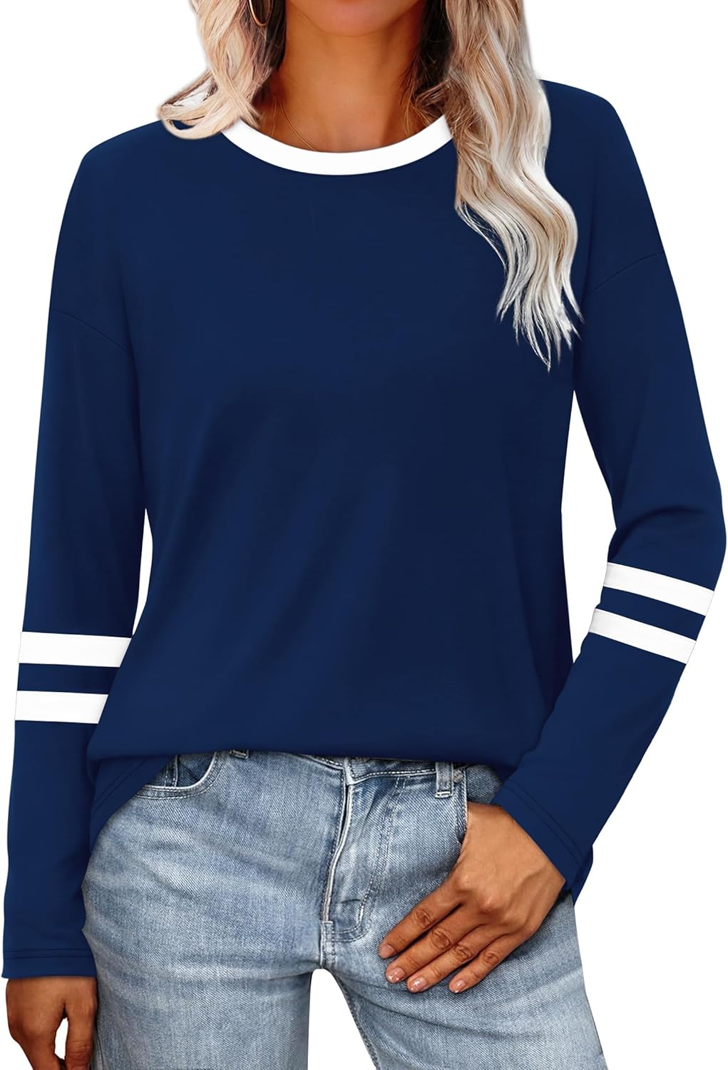 Sampeel Long Sleeve Shirts for Women Color Block Casual Tops Fall Outfits 2026 Basic Tees Trendy Spring Clothes - Image 2