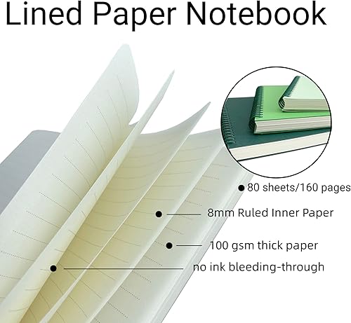 Miniatura 3 de AOU Paquete de 3 cuadernos de espiral rayados, 8.3 x 5.7 pulgadas, 80 hojas160 páginas de papel grueso de 3.53 ozm por cuaderno, bloc de notas con